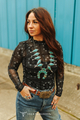 Whiskey Black & Co Lucky & Blessed Black Boot Stitch Bandanna Printed Long-Sleeve Mesh Top — long sleeve top product shot