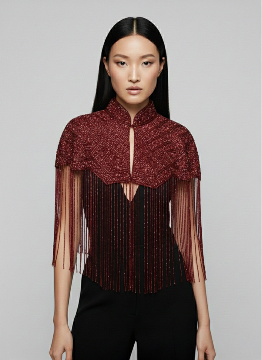 L'Jai Amor Bordeaux Fringe Cape — main product shot