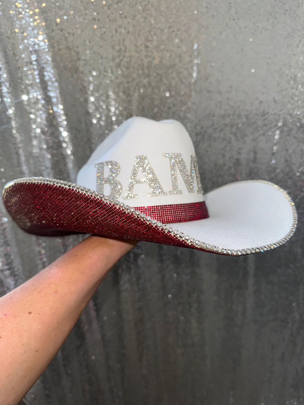 Rhinestone Cowgirl BAMA Hat — Rhinestone Cowgirl branding close-up