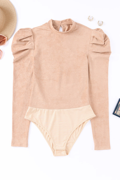 Pretty Little Patriot Pretty Little Patriot Suede tan bubble sleeve Bodysuit — Pretty Little Patriot branding close-up