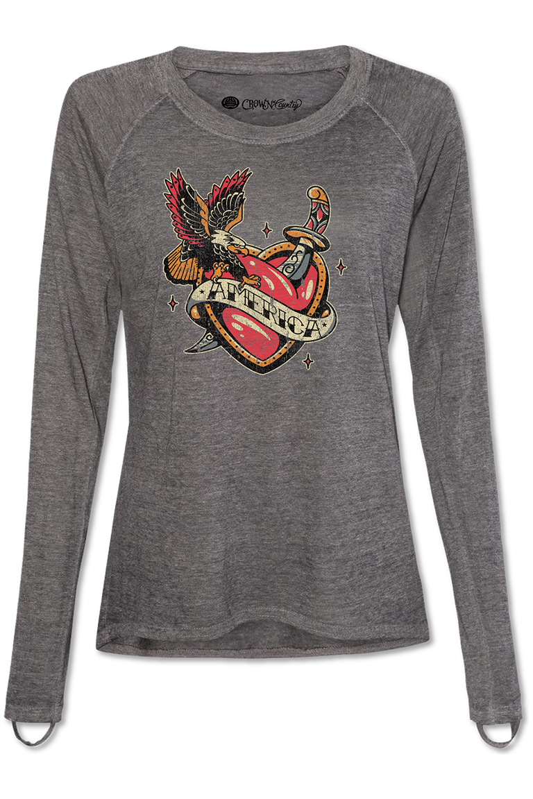 Pretty Little Patriot Pretty Little Patriot America Heart Tattoo graphic tee -clearance — Pretty Little Patriot branding close-up