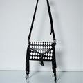 CHECKERED TOOLED LEATHER FRINGE CROSSBODY BAG