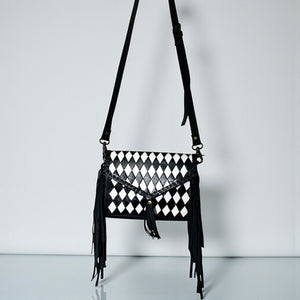 CHECKERED TOOLED LEATHER FRINGE CROSSBODY BAG