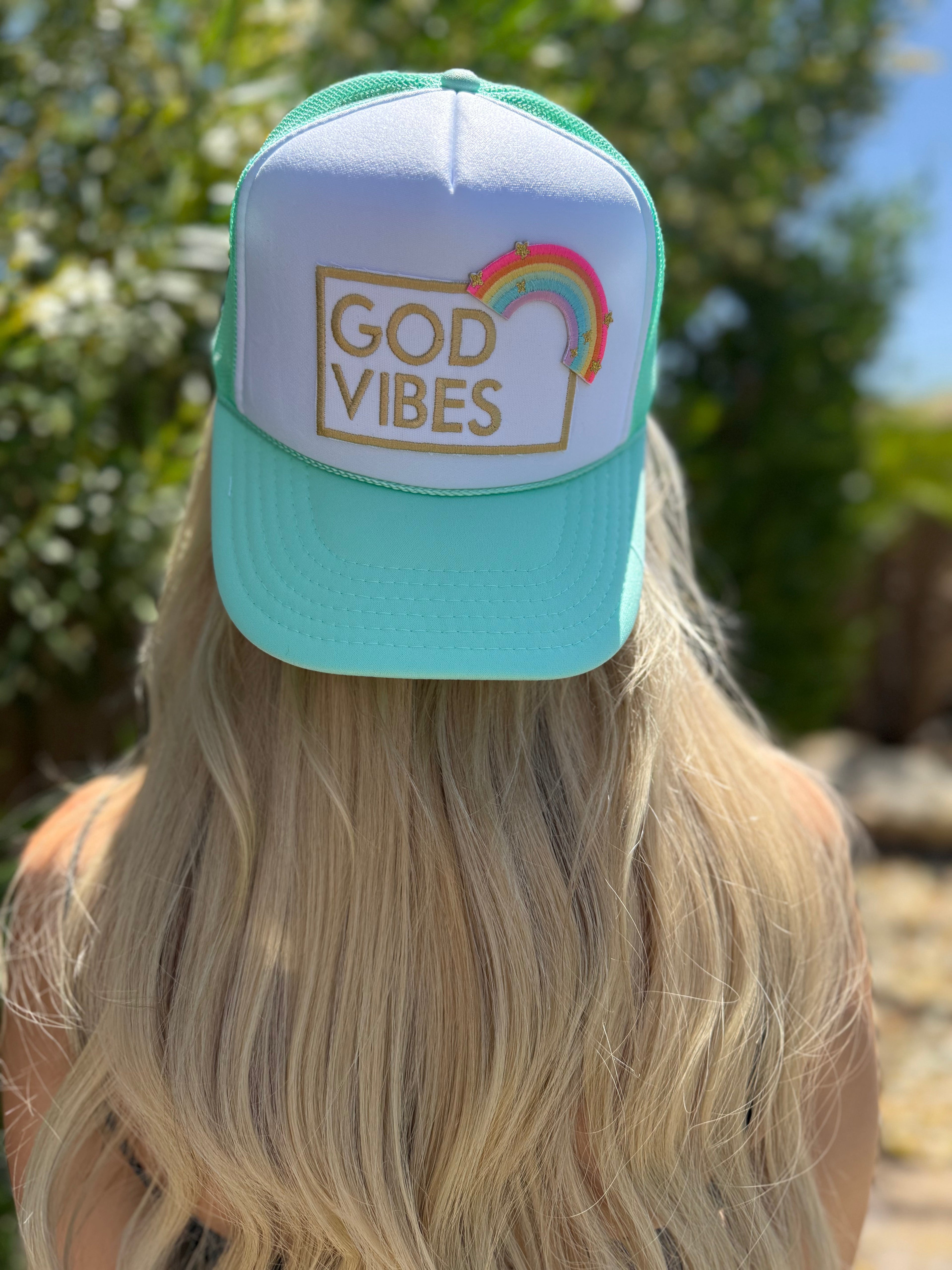 Pretty Little Patriot Pretty Little Patriot God Vibes Trucker Hat — Pretty Little Patriot branding close-up