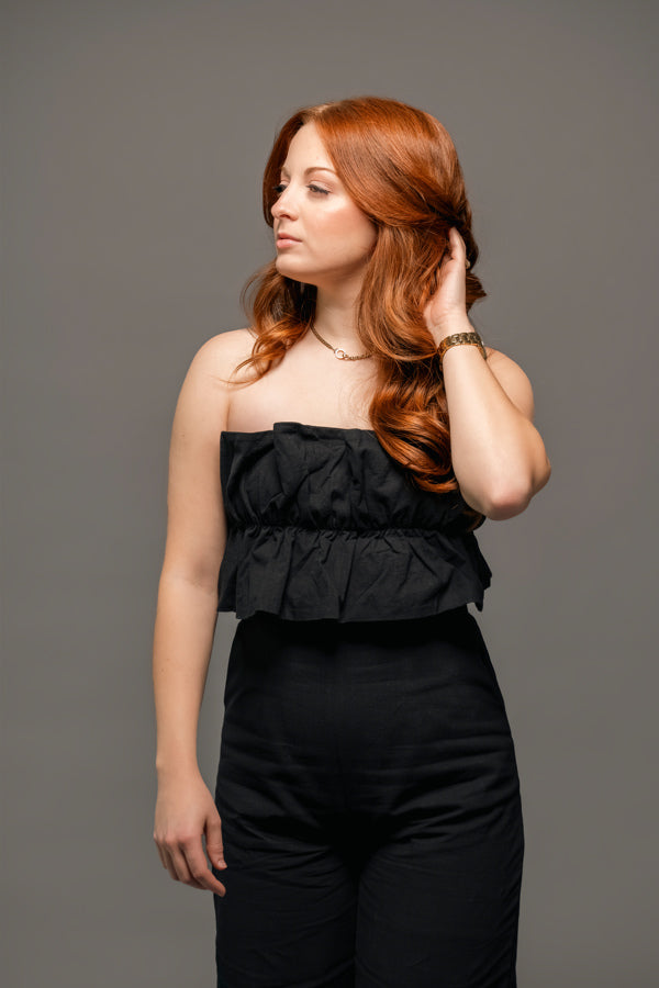 Pretty Little Patriot Black Ruffled Capri Jumpsuit — Black detail