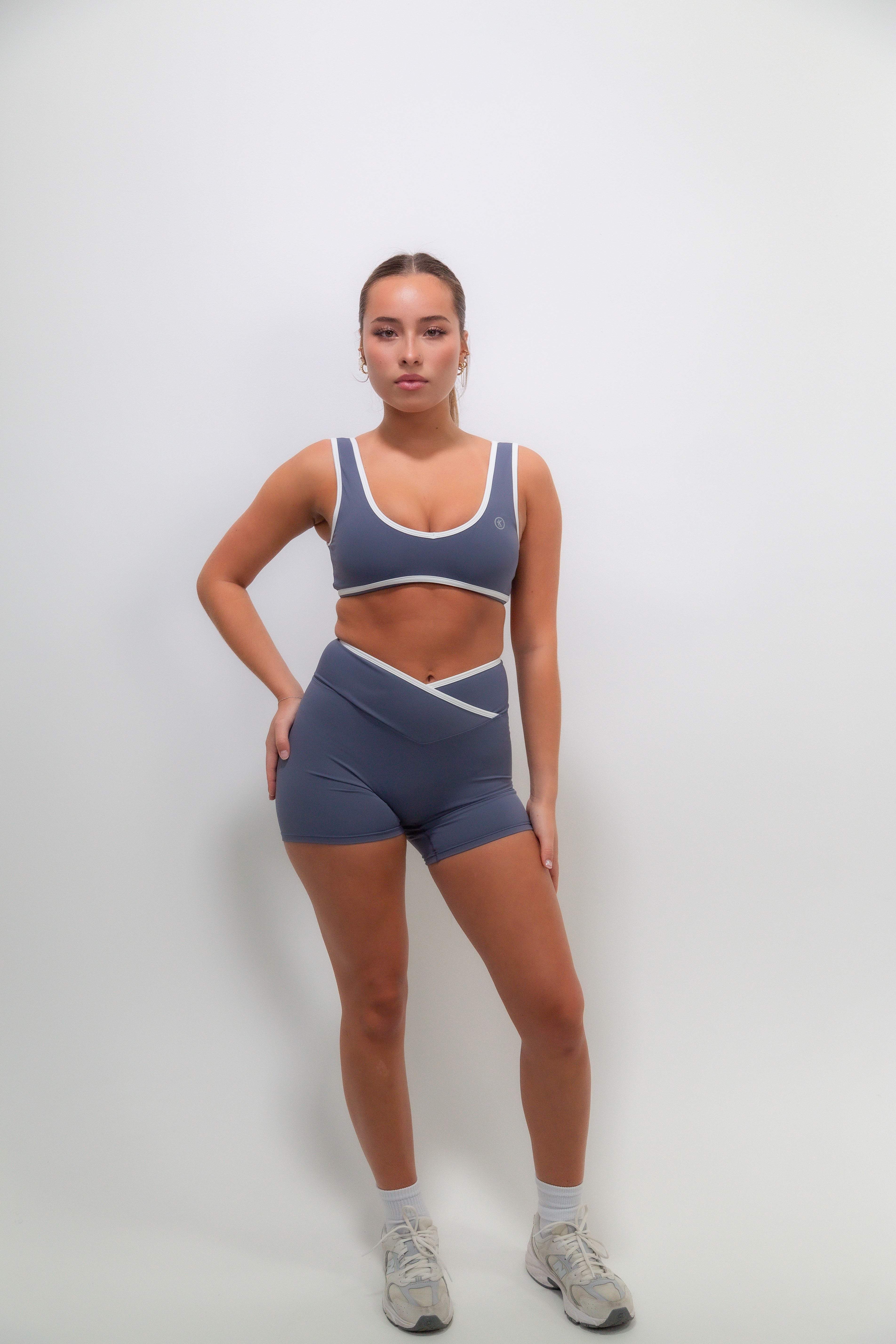 KIMITH BRAND I Am Right Where I Need To Be Slate Blue Butter Sports Bra — detail close-up