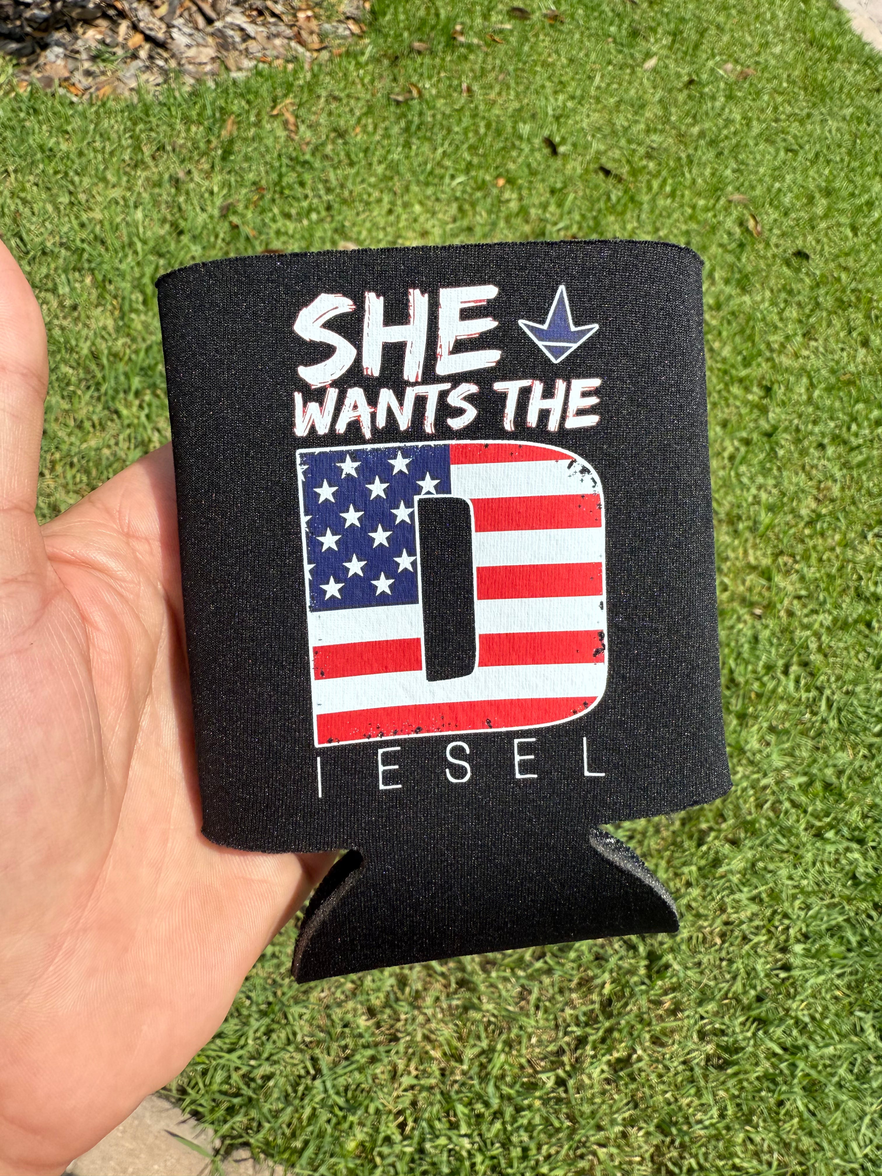 Luckless Outfitters She Wants the Diesel Americana Koozie — detail close-up