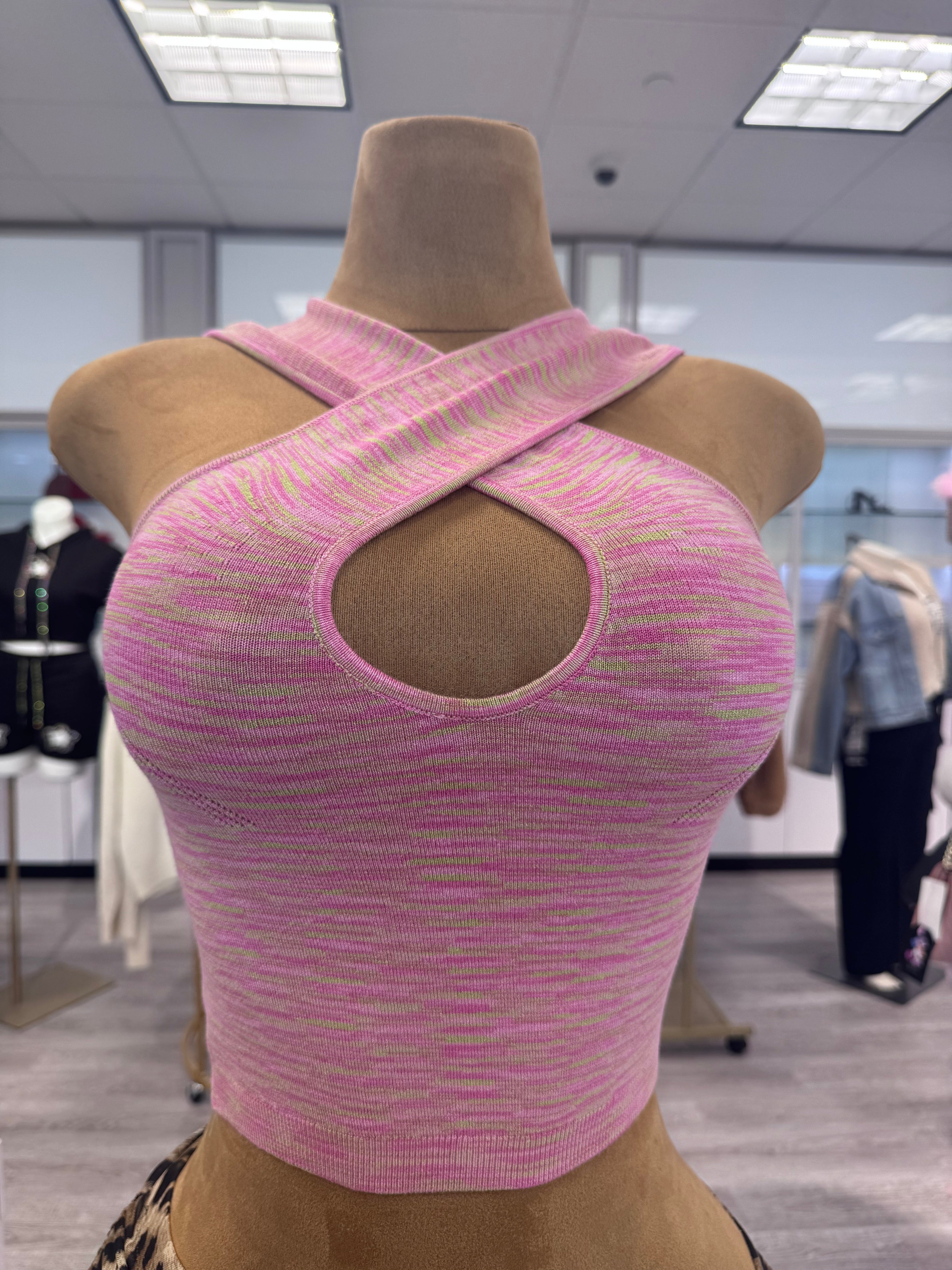 Women’s Crisscross Halter Keyhole Crop Top – Stretch Knit Tank