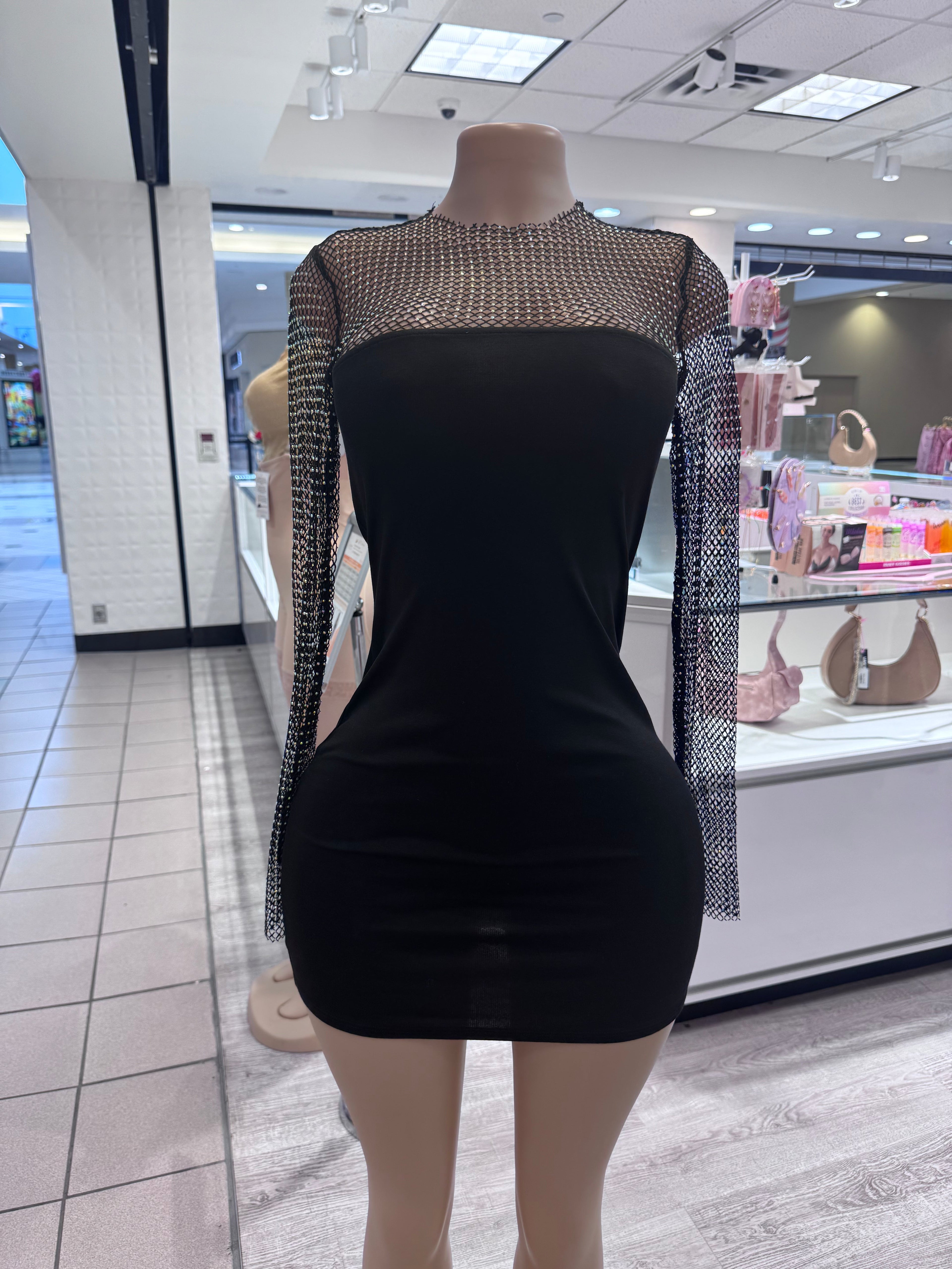 Laura Mesh Diamond Sleeve Mini Long Sleeve Dress