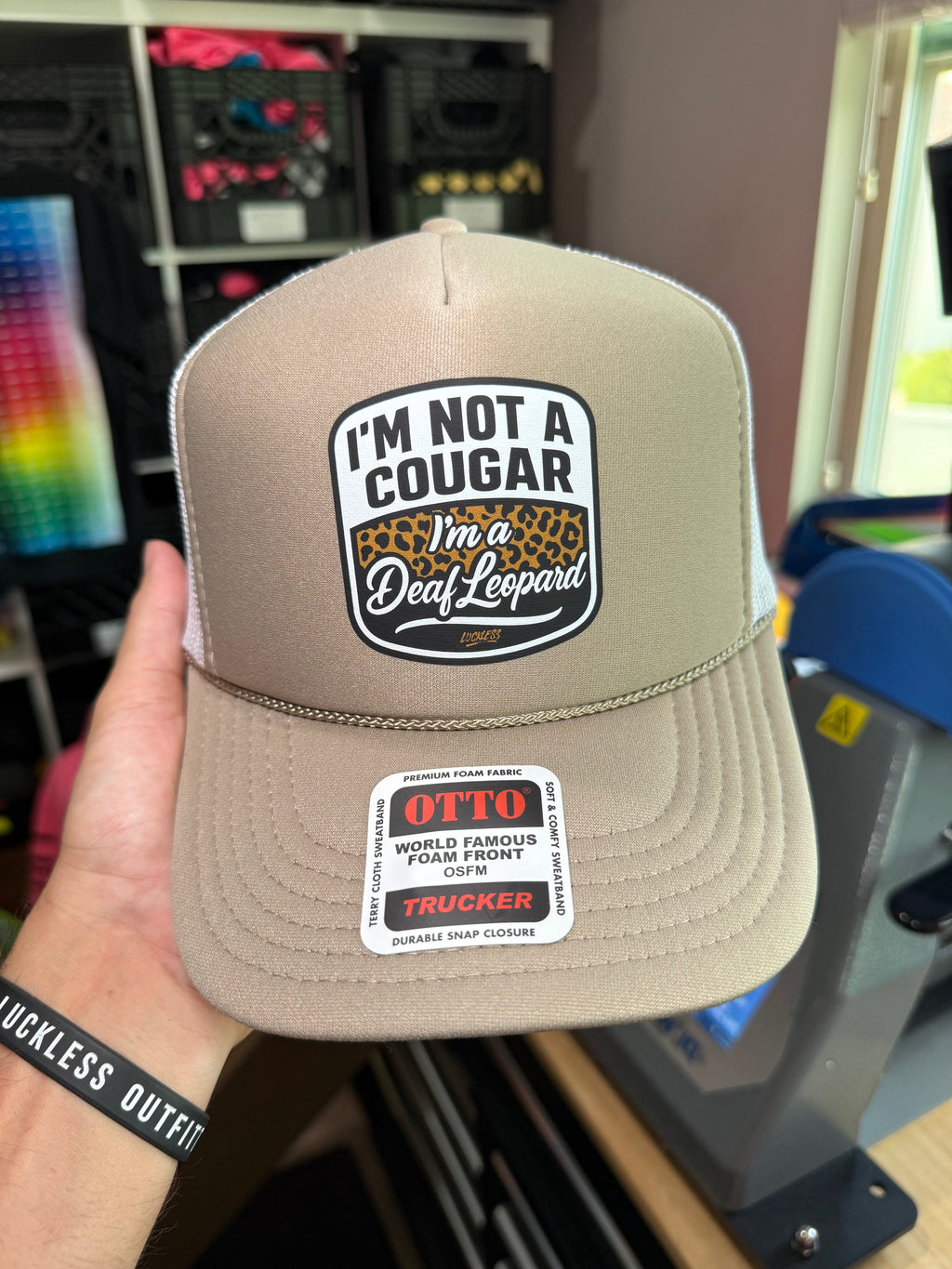 Luckless Outfitters Deaf Leopard Trucker Hat — detail close-up