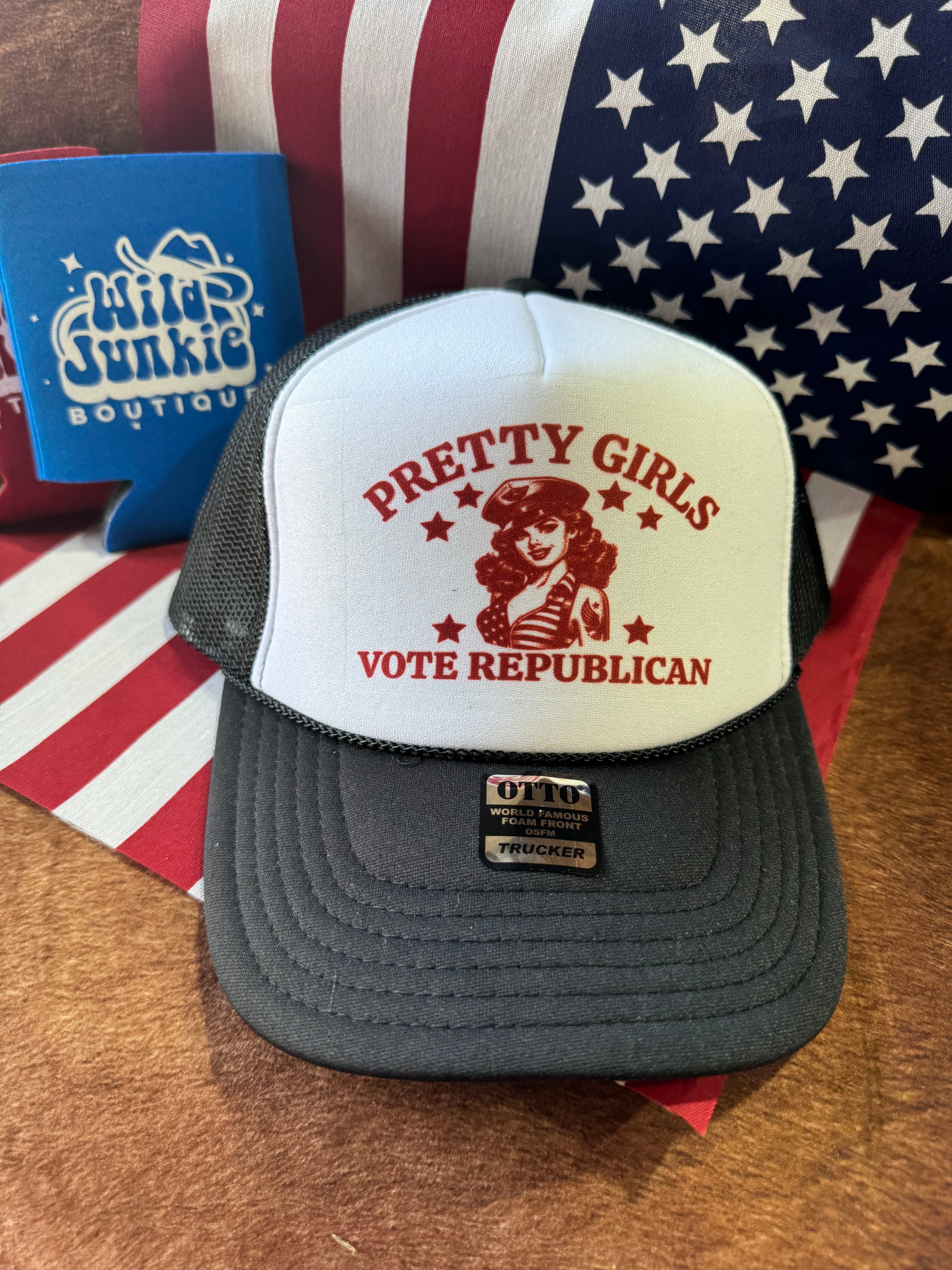 Wild Junkie Pretty Girls Vote Republican Trucker Hat — lifestyle context