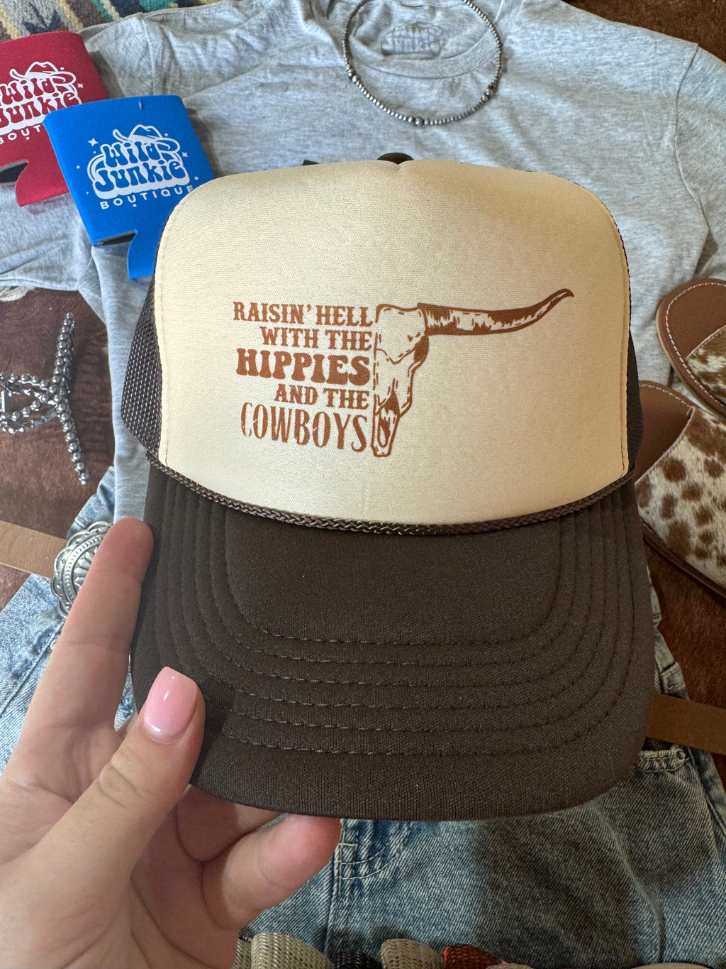 Wild Junkie Raisin' Hell With Hippies & Cowboys Trucker Hat — main product shot