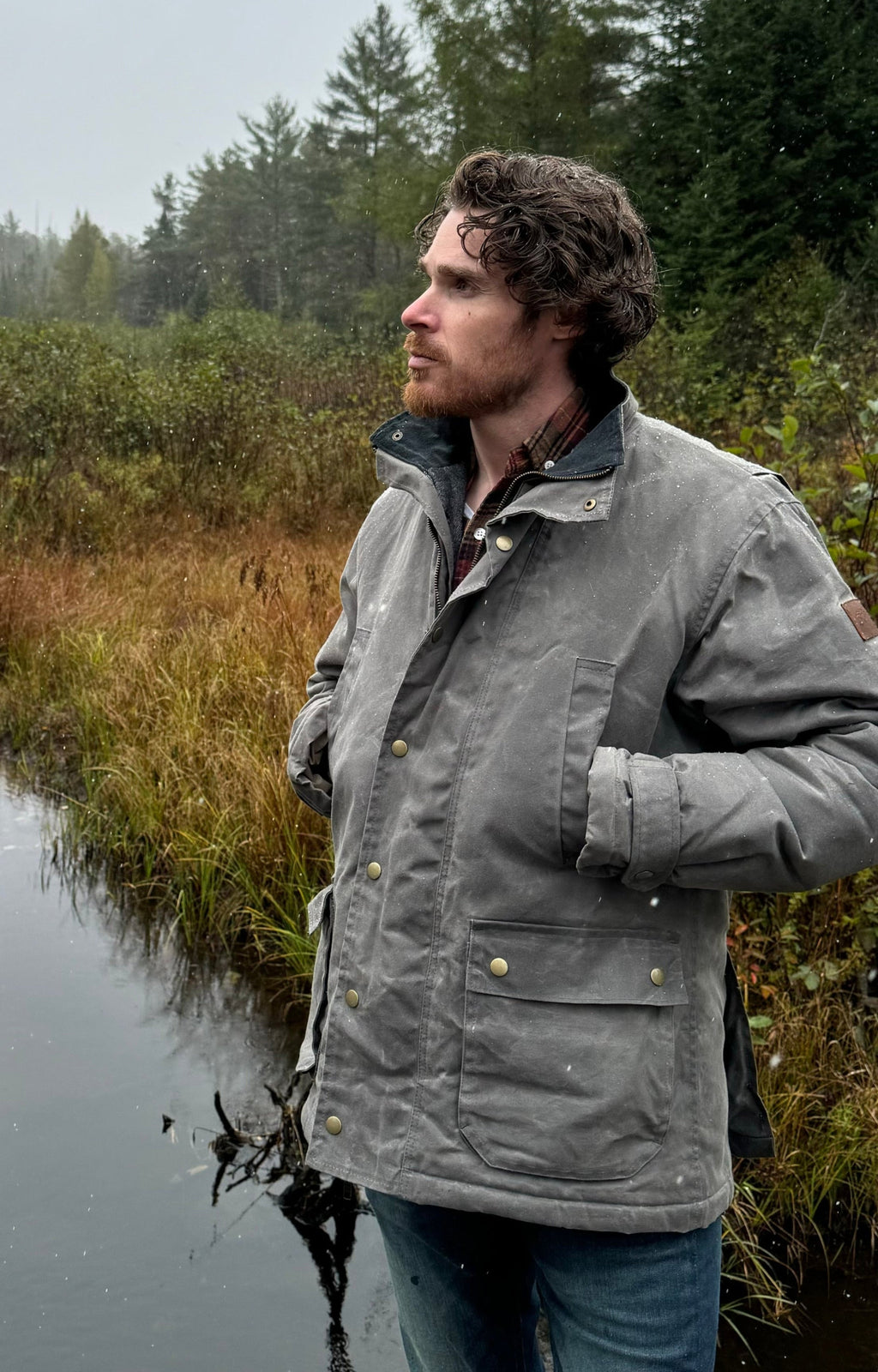 Adirondack Field Copperas Wax Jacket (Slate) — branding close-up