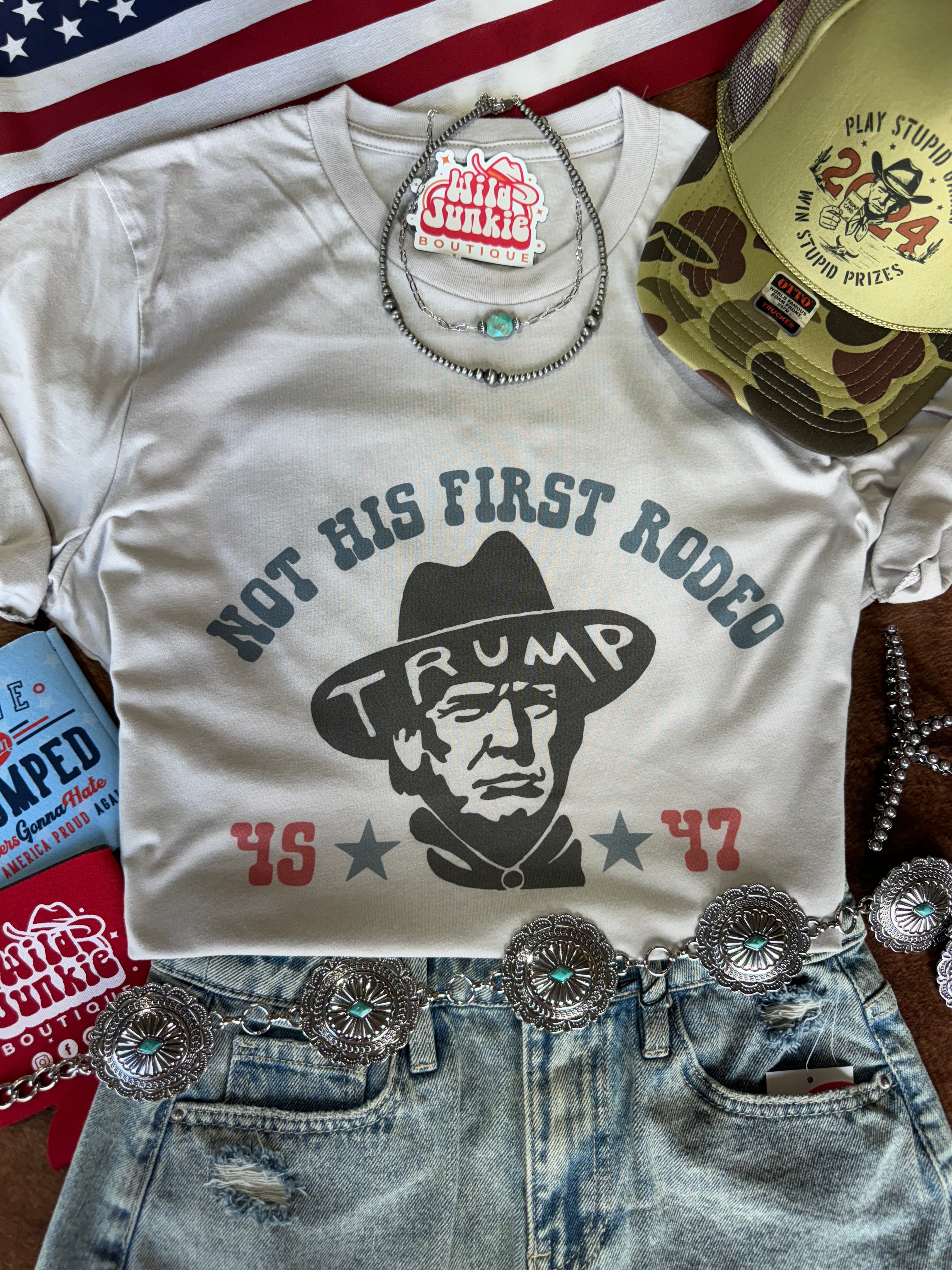 Wild Junkie Not His First Rodeo Trump Graphic Tee — main product shot