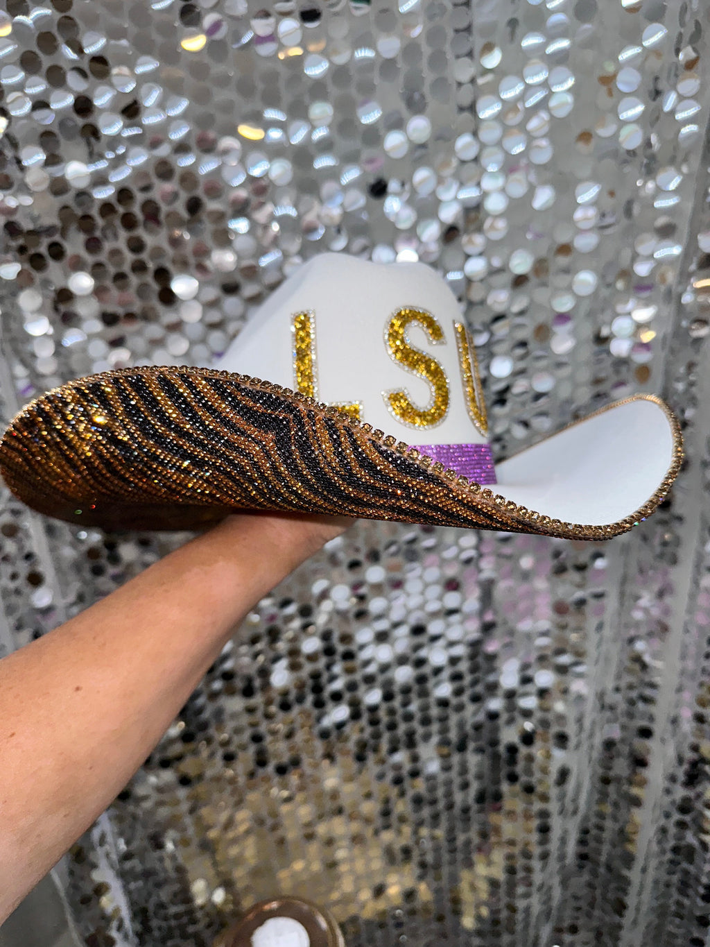 Rhinestone Cowgirl LSU Tiger Print Hat — lifestyle context