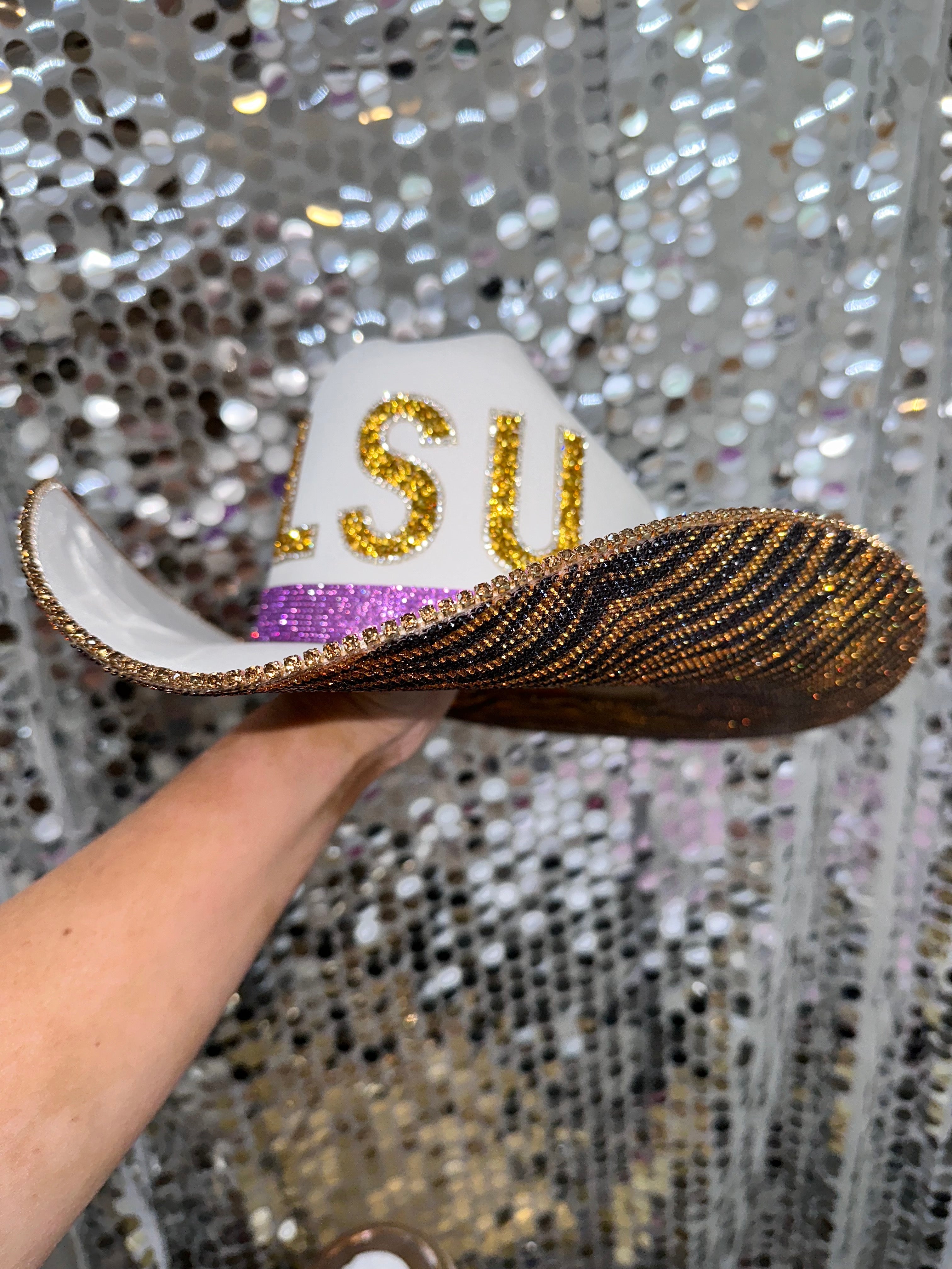 Rhinestone Cowgirl LSU Tiger Print Hat — side view