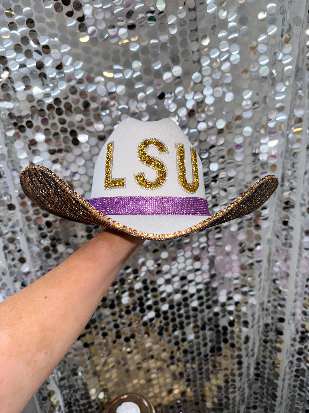 Rhinestone Cowgirl LSU Tiger Print Hat — alternative angle