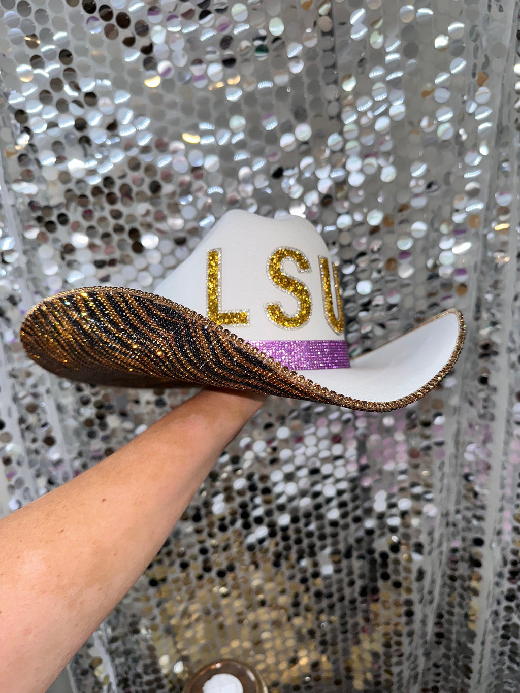 Rhinestone Cowgirl LSU Tiger Print Hat — back view
