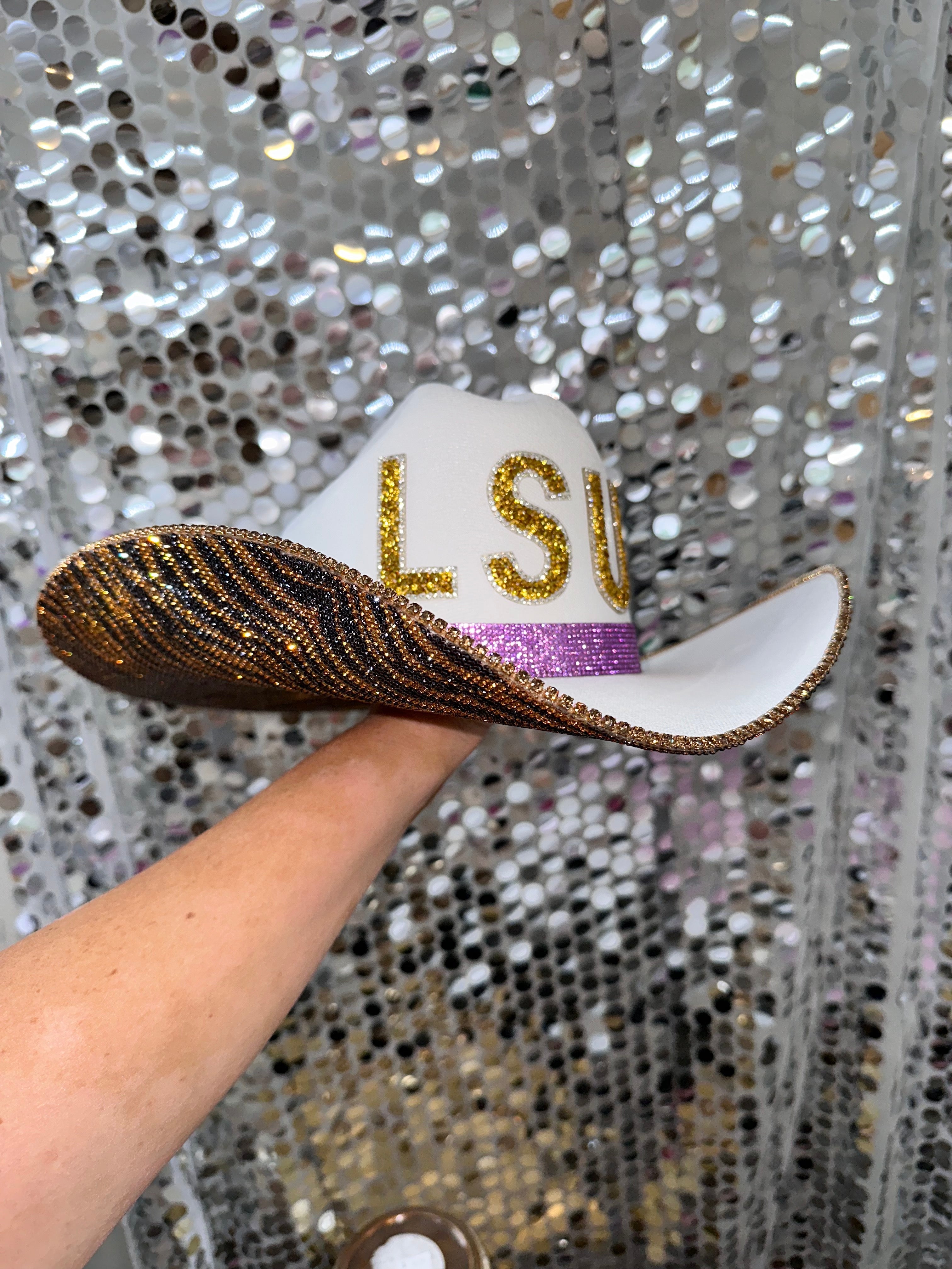 Rhinestone Cowgirl LSU Tiger Print Hat — back view