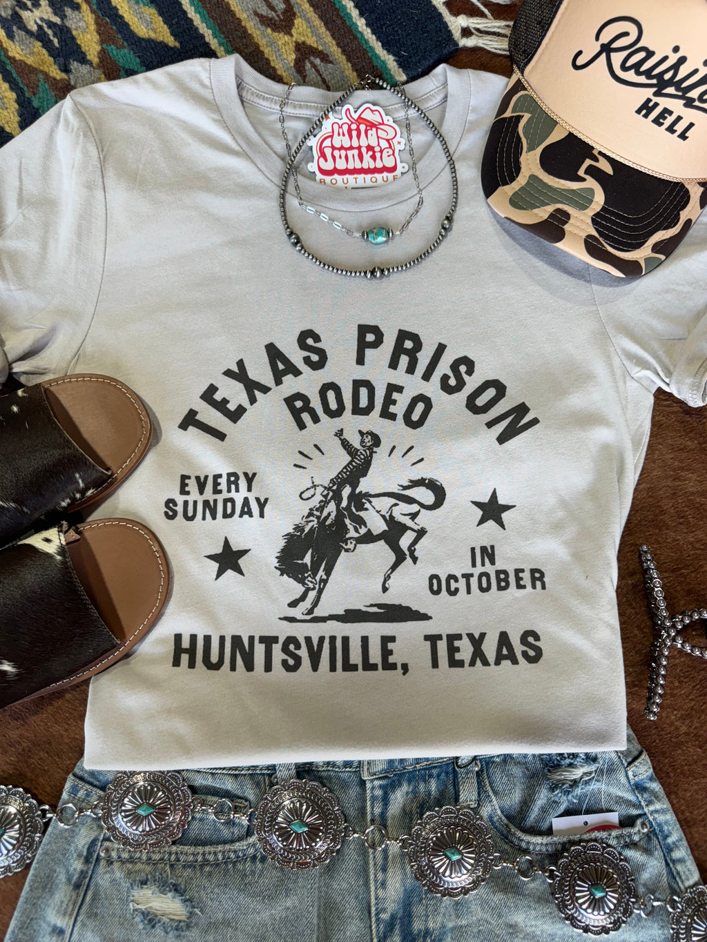 Wild Junkie Texas Prison Rodeo Cowboy Raw Cut V-neck Graphic Tee — detail close-up