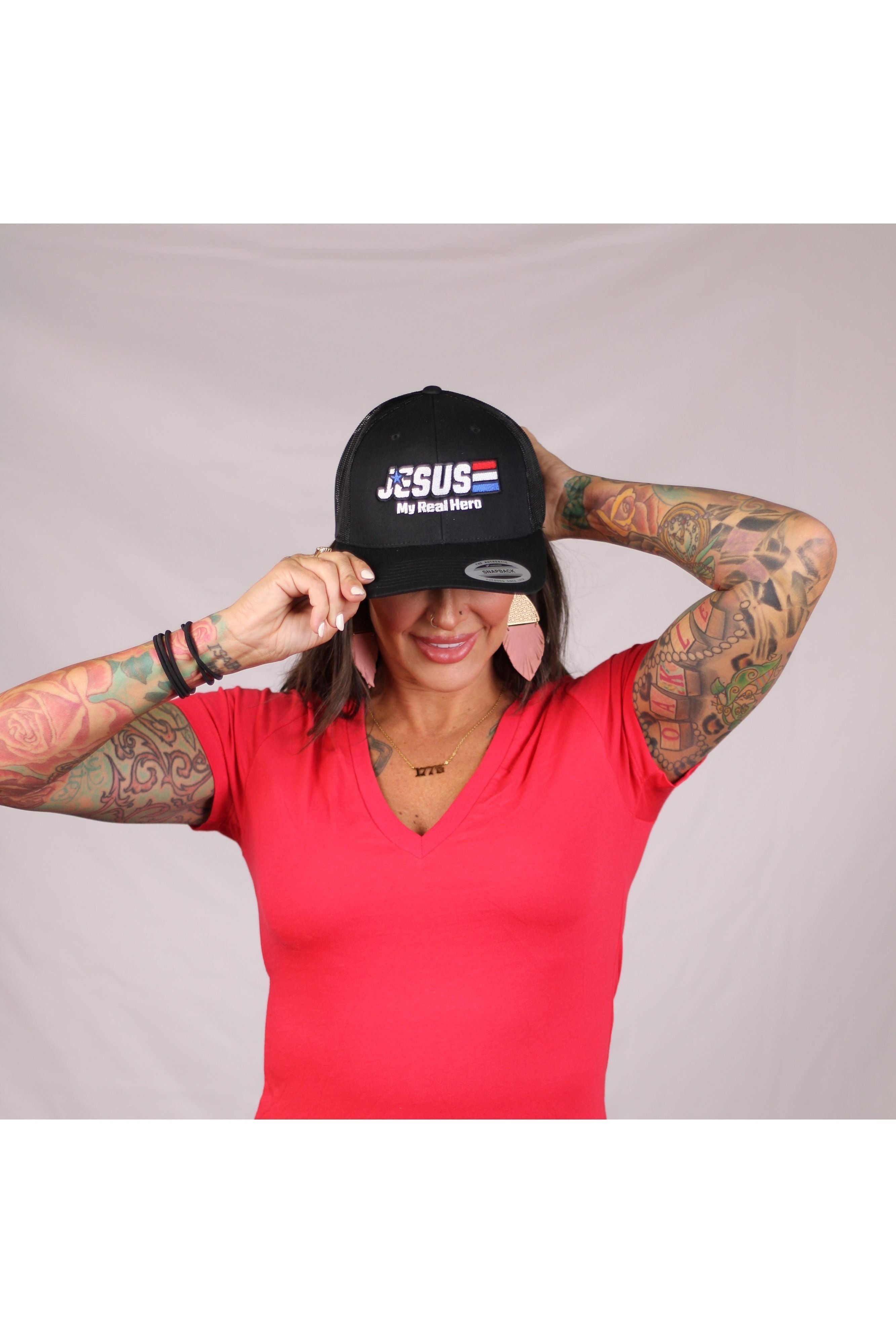 Pretty Little Patriot Pretty Little Patriot Jesus My Real Hero Hat -clearance — Pretty Little Patriot branding close-up