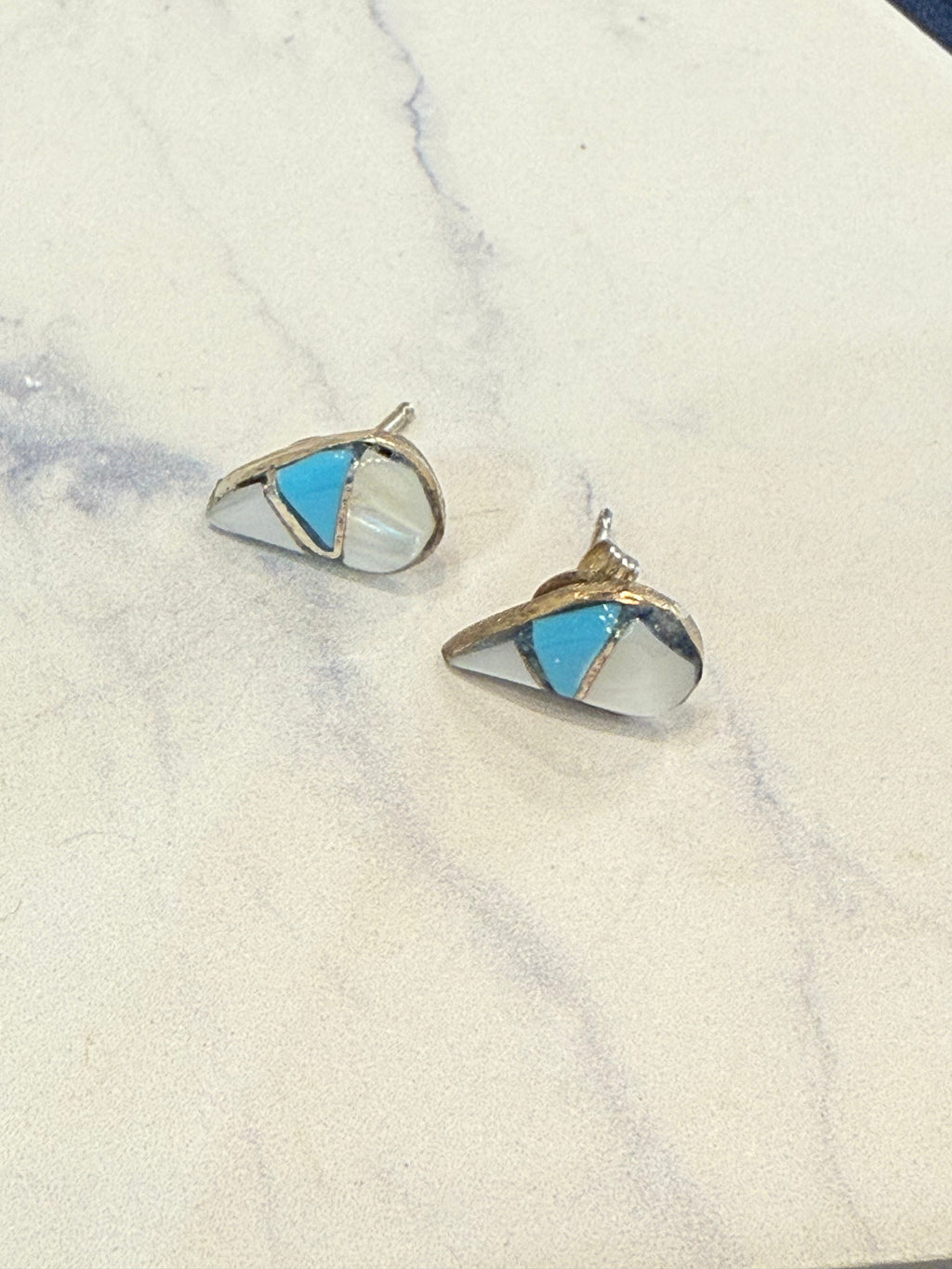 KADOU BOUTIQUE Handcrafted Turquoise and Mother of Pearl Stud Earrings — detail close-up