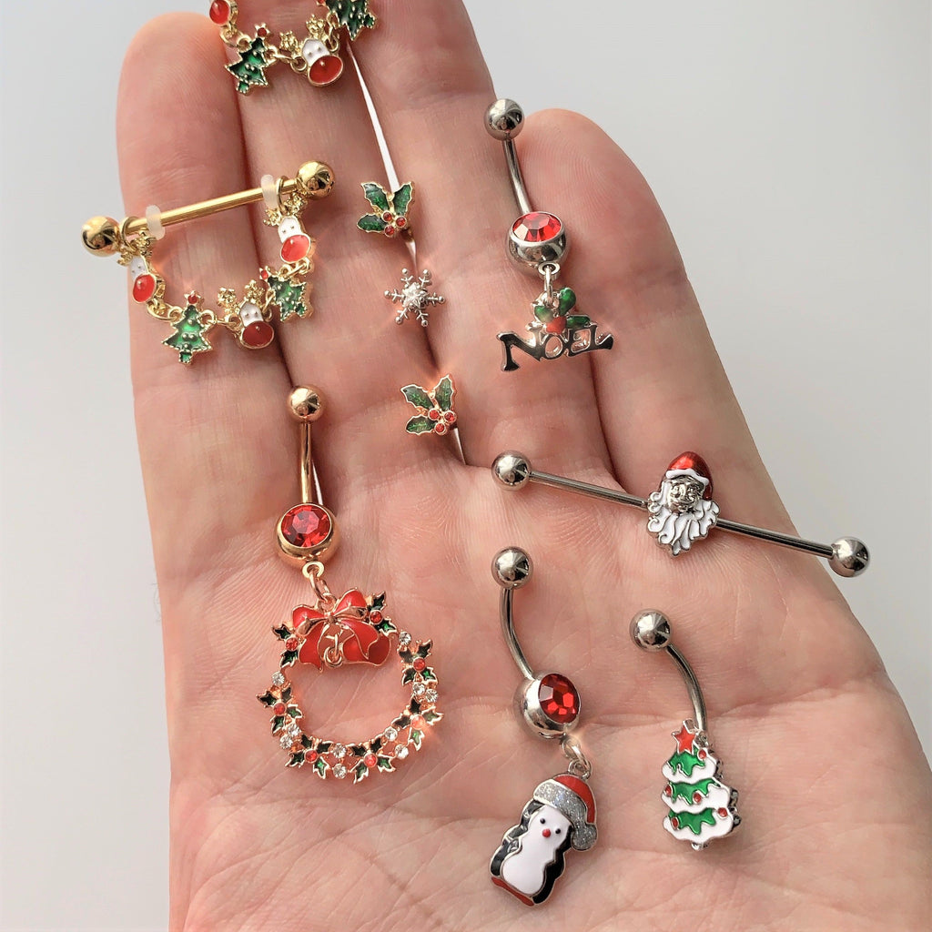 BodyCandy Red Gem Noel Winter Holiday Christmas Dangle Belly Ring — detail close-up