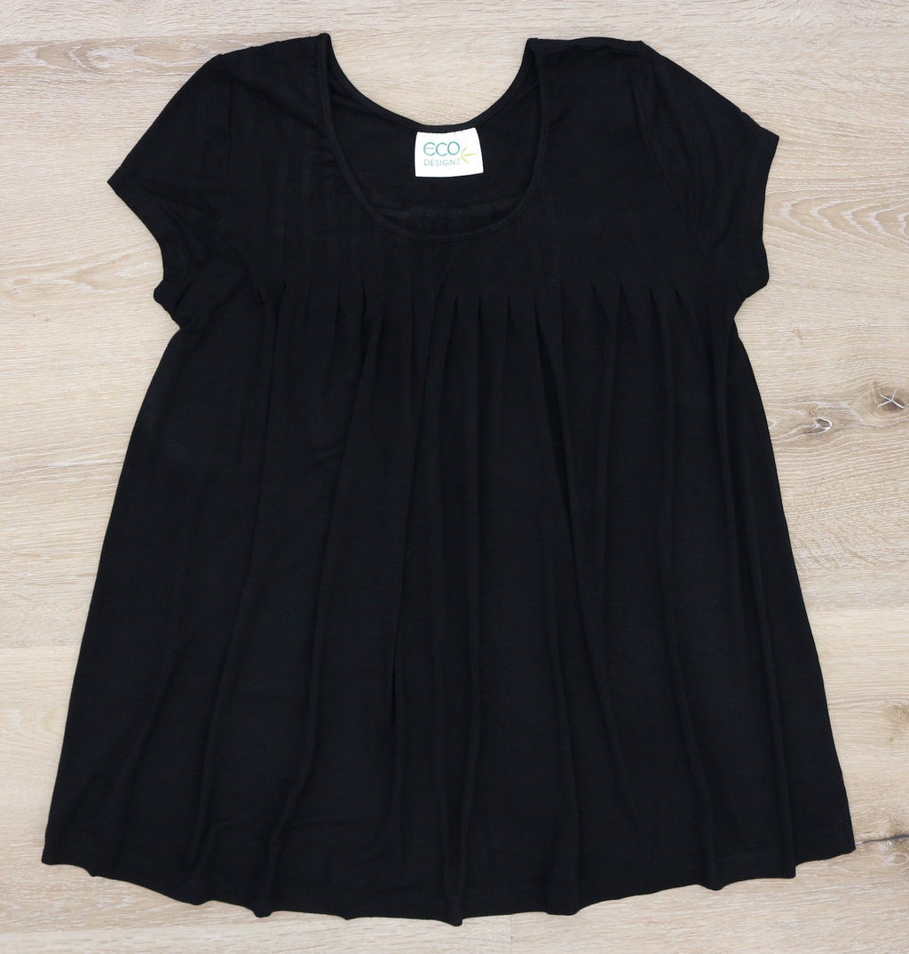 Spun Bamboo Clearance Women's Bamboo Viscose Pleated Lounge Top Black — lifestyle context