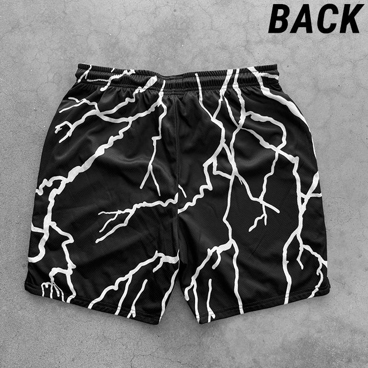 Bigger Than Basketball Lightning Strike - Shorts - Black — Bigger Than Basketball branding close-up