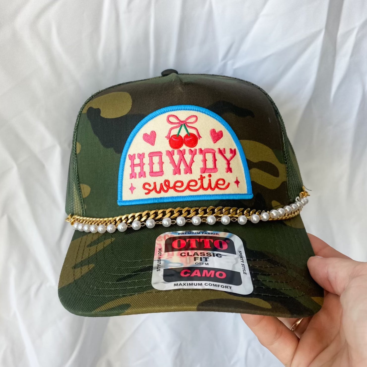 Coco & Rho Howdy Sweetie Camo- Trucker Hat — detail close-up