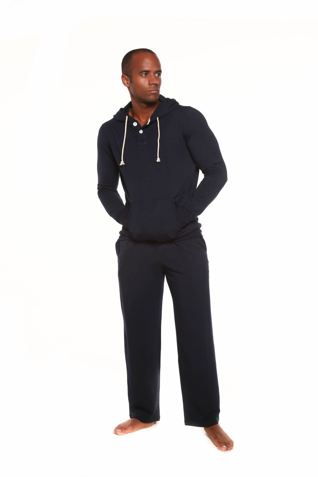 Spun Bamboo Men's Henley Style Bamboo Viscose Fleece Hoodie + Fleece Lounge Pants — detail close-up