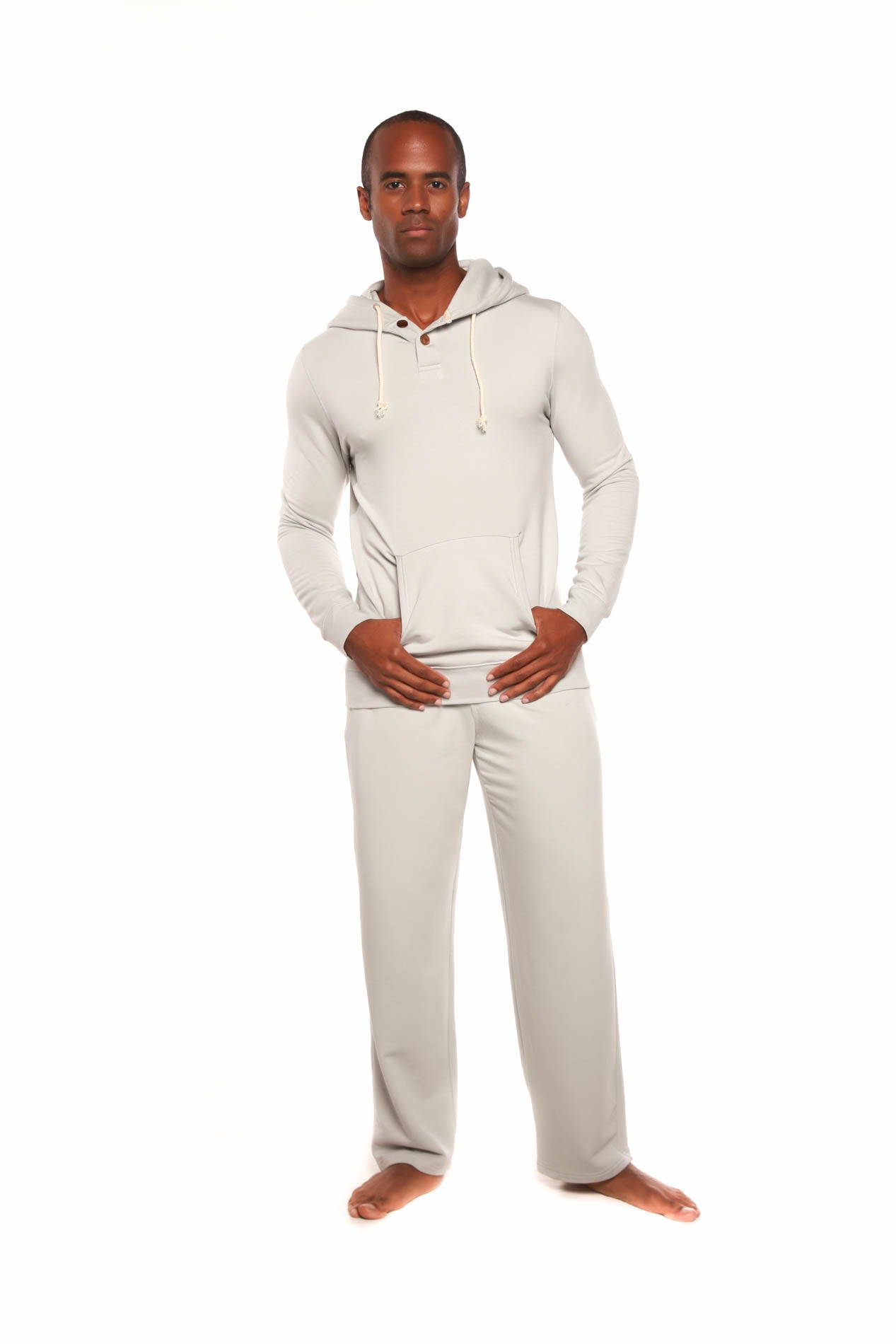 Spun Bamboo Men's Henley Style Bamboo Viscose Fleece Hoodie + Fleece Lounge Pants — back view