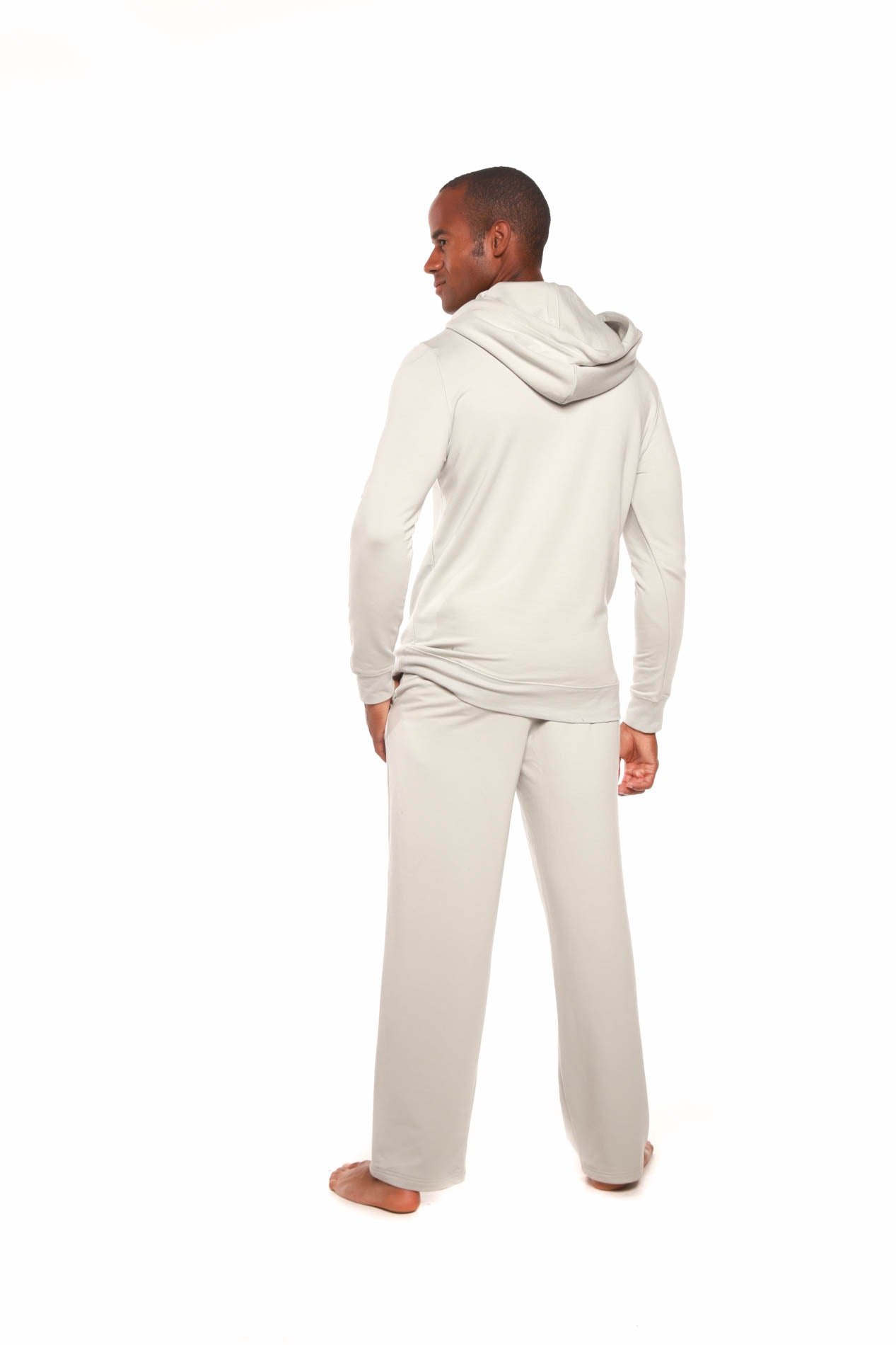 Spun Bamboo Men's Henley Style Bamboo Viscose Fleece Hoodie + Fleece Lounge Pants — in-use photo