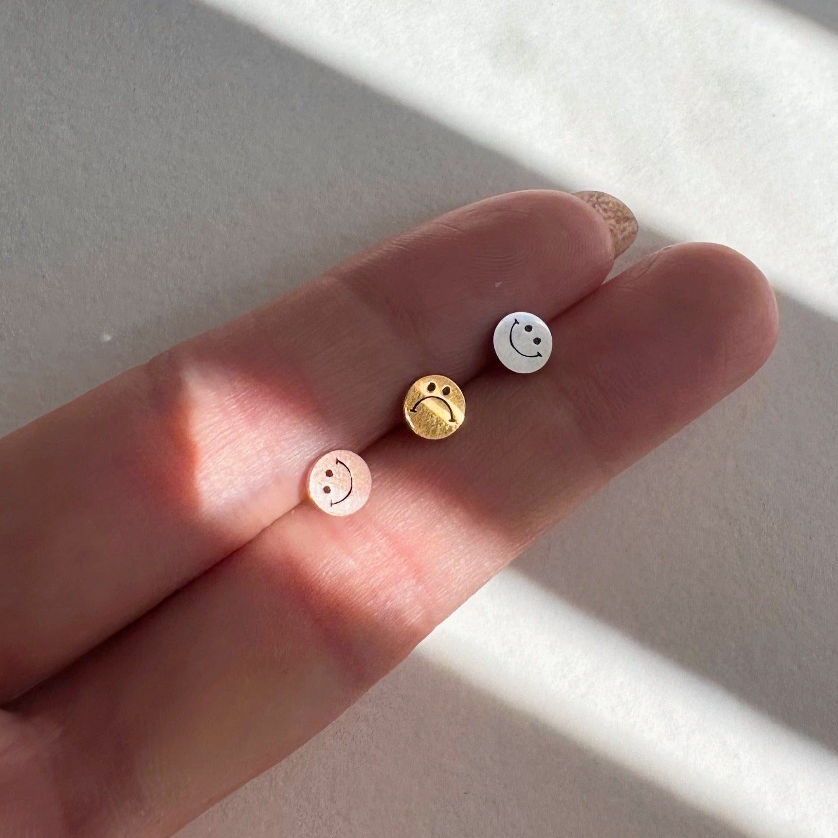 Happy & Sad Smiley Metal Stud Earrings – Plant Dosage LLC, view 2
