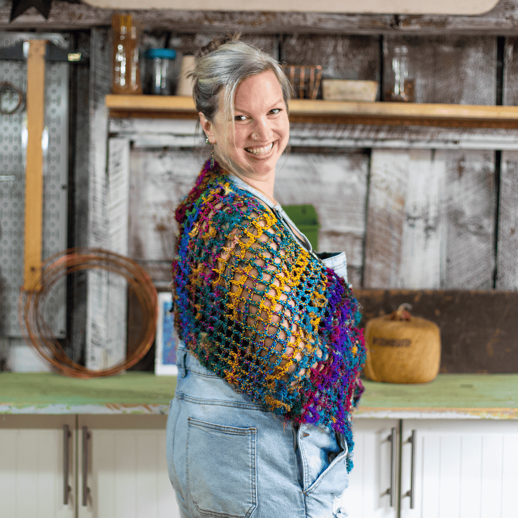 Darn Good Yarn Darn Good Yarn QuadraMesh Easy Crochet Shawl Kit — lifestyle worn / used context