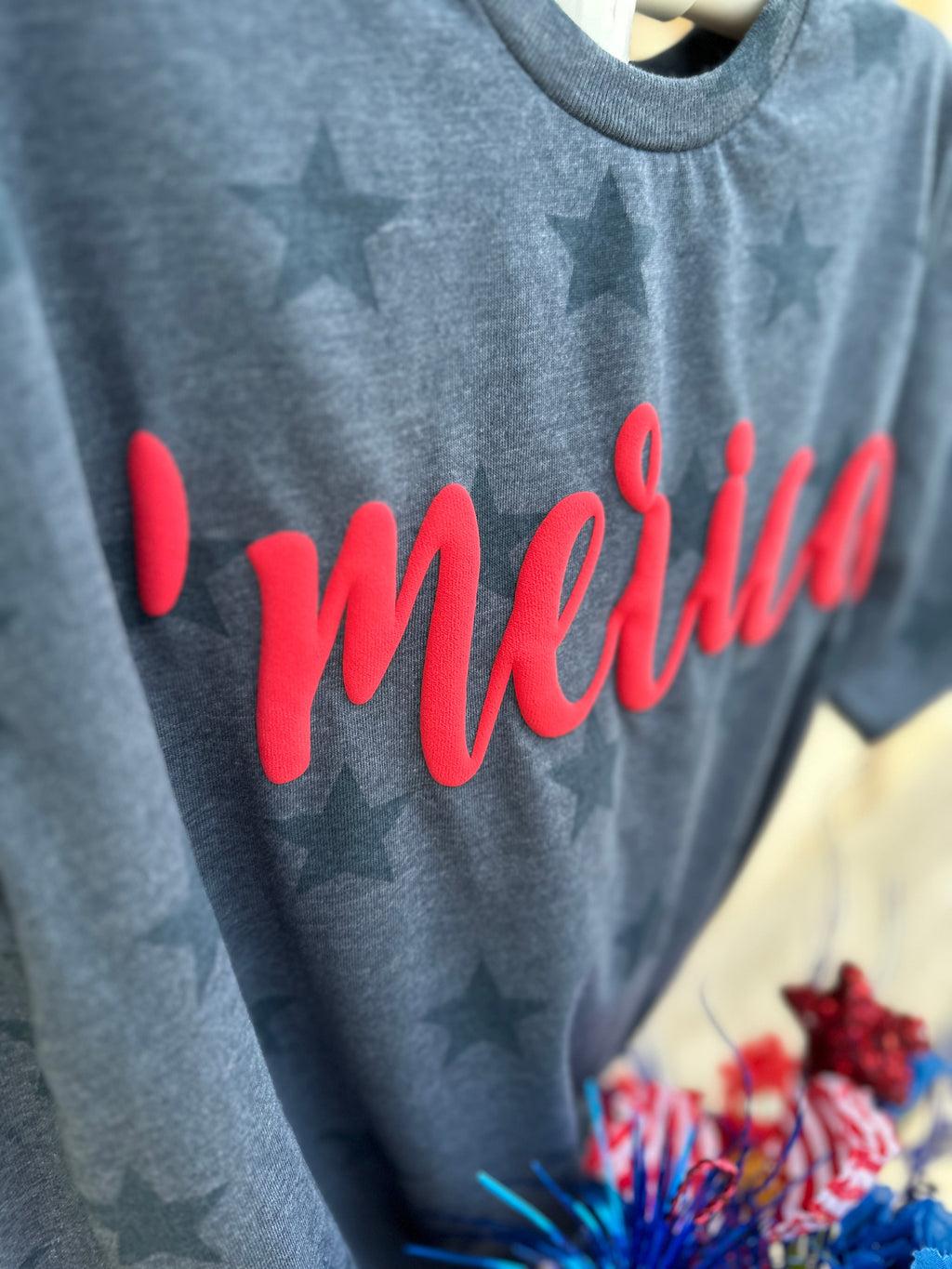 A Blessed Texas Mess Boutique 4th of July Star Shirts USA Patriotic tees Puff Vinyl Trending Now — A Blessed Texas Mess Boutique branding close-up