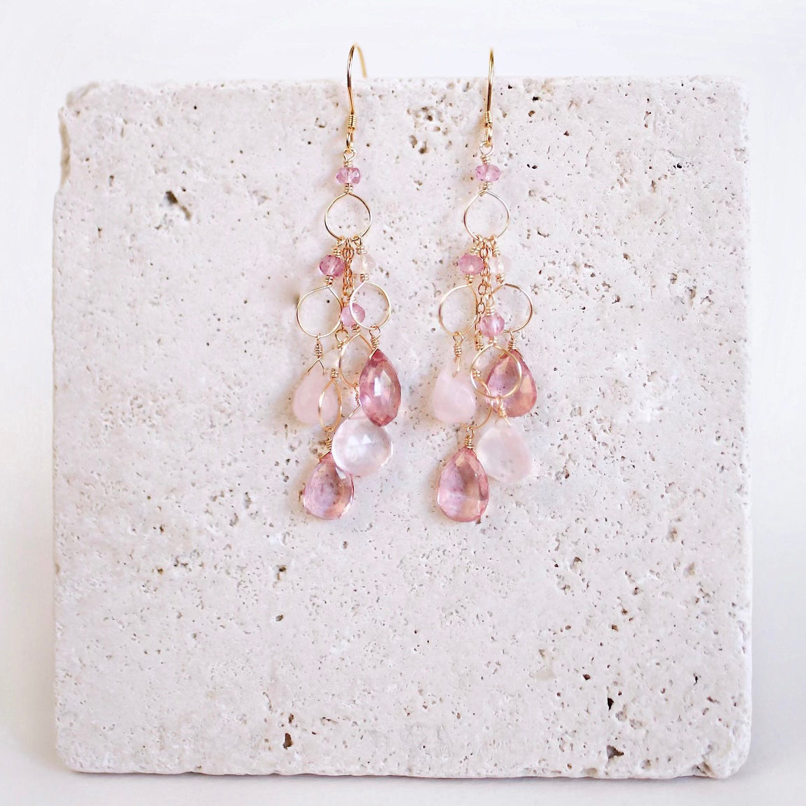PARKEN JEWELRY Pink Gemstone Waterfall Earrings — detail close-up