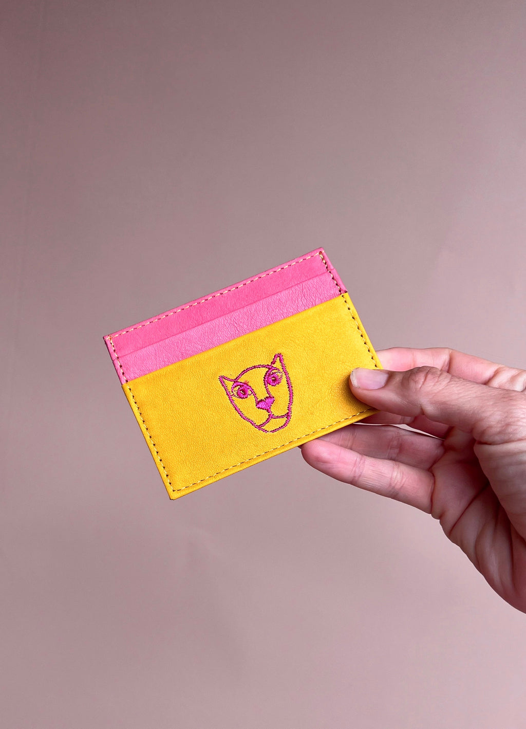 LOLA Y TULA Jaguar Leather Card Holder Wallet Yellow and Pink — side view