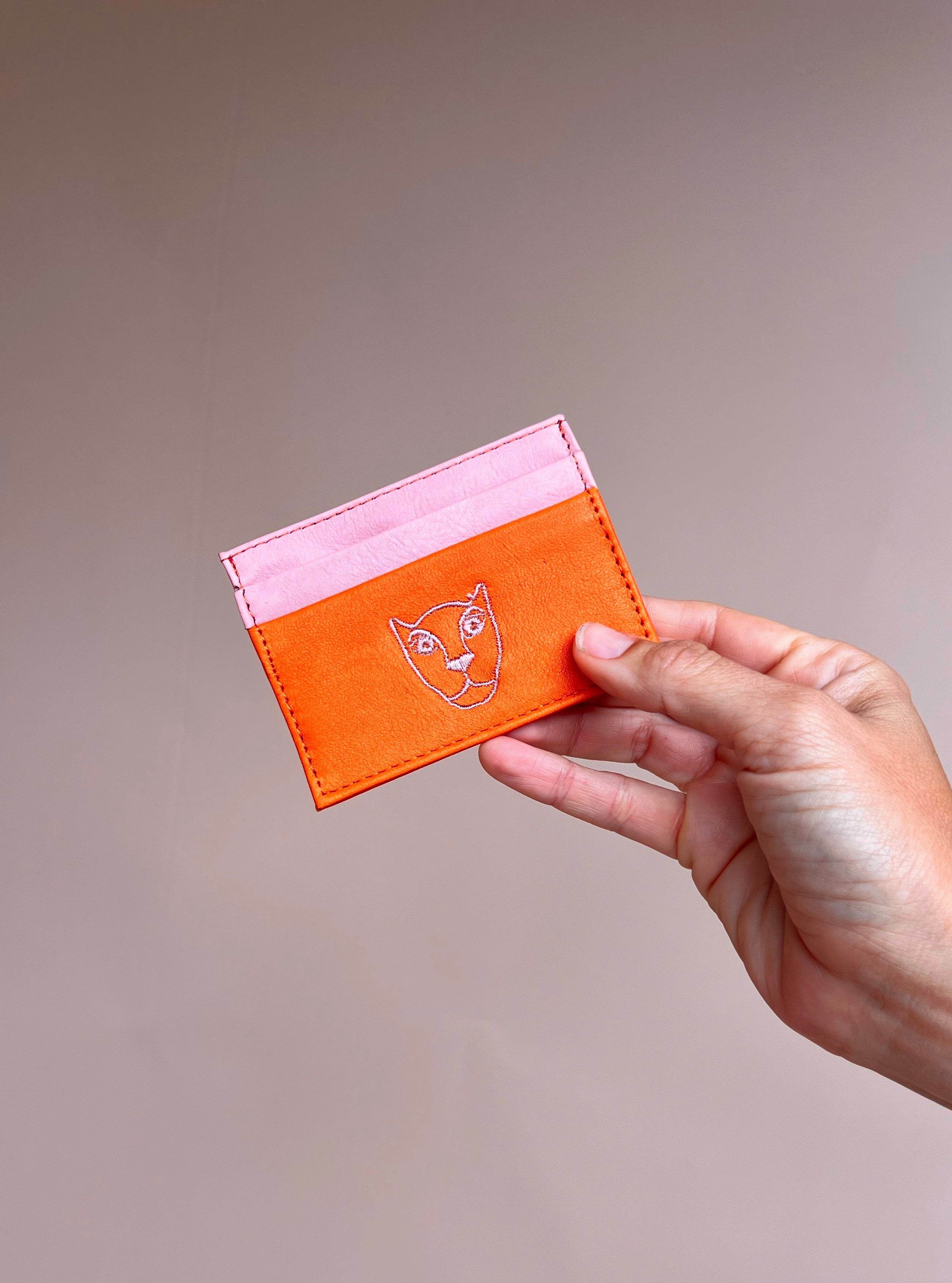 LOLA Y TULA Jaguar Leather Card Holder Wallet Pink and Orange — side view