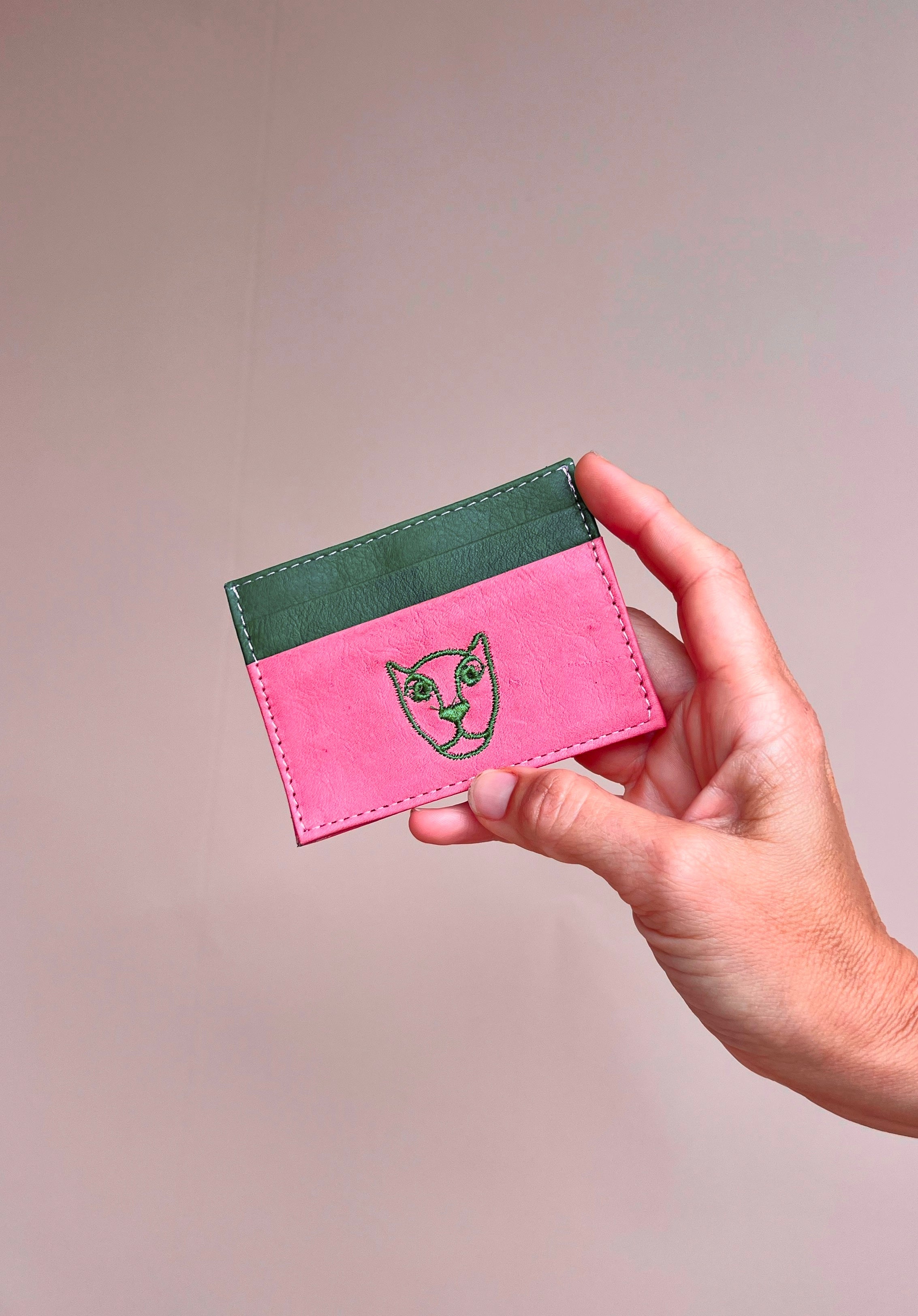LOLA Y TULA Jaguar Leather Card Holder Wallet Pink + Green — side view