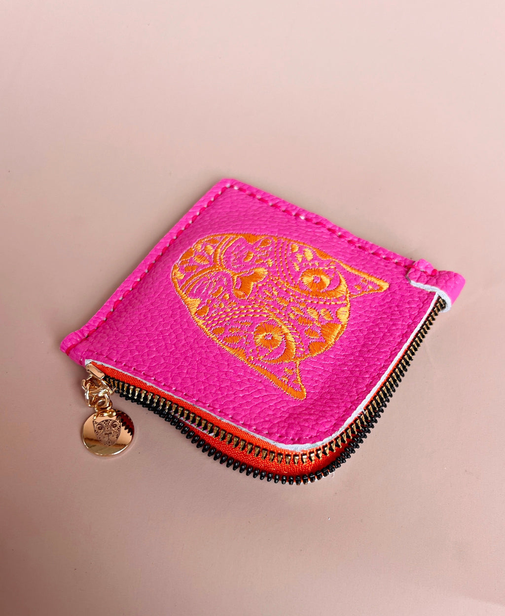 LOLA Y TULA Jaguar Embroidered Zip Around Wallet Hot Pink With Orange — detail close-up