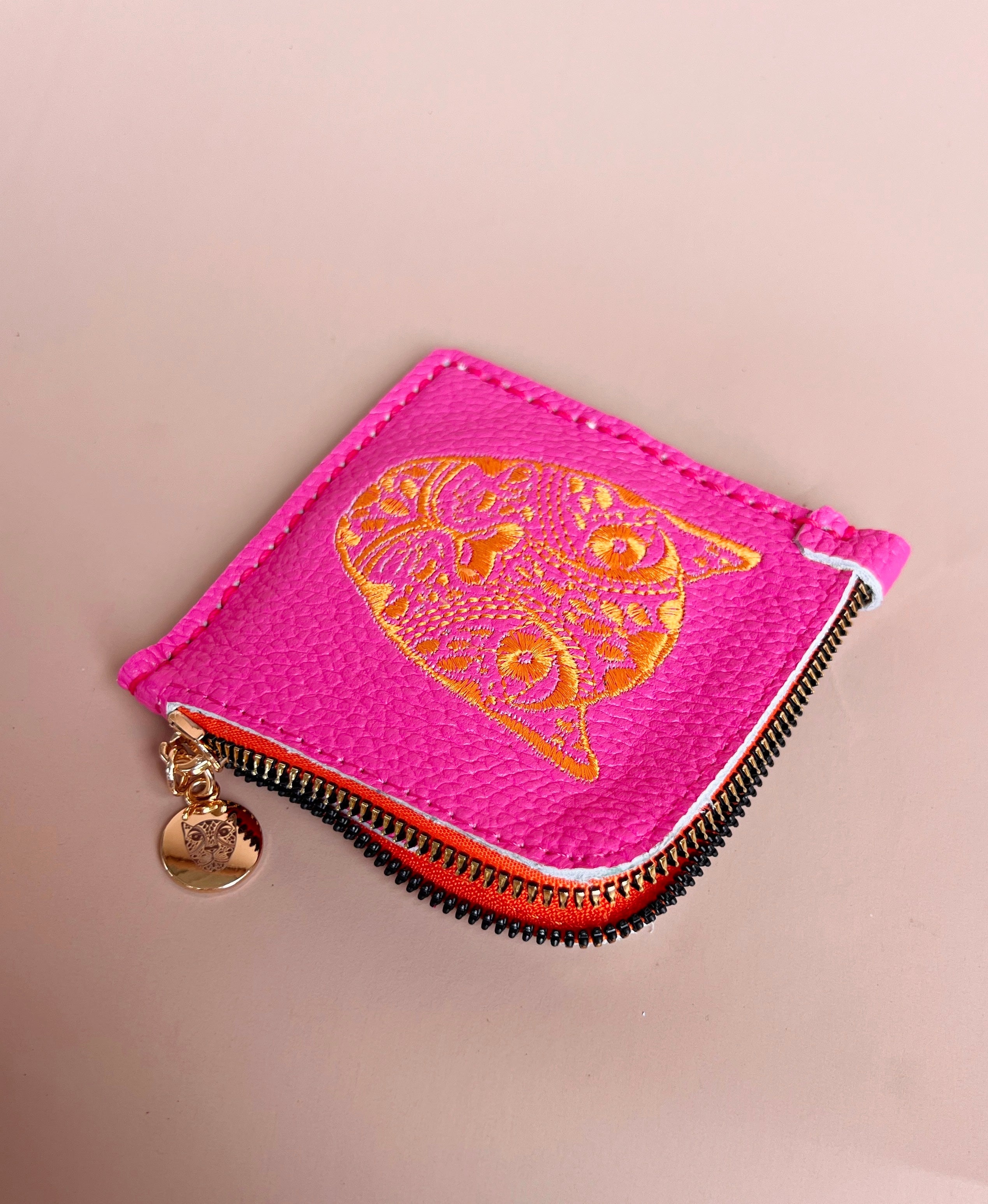 LOLA Y TULA Jaguar Embroidered Zip Around Wallet Hot Pink With Orange — detail close-up