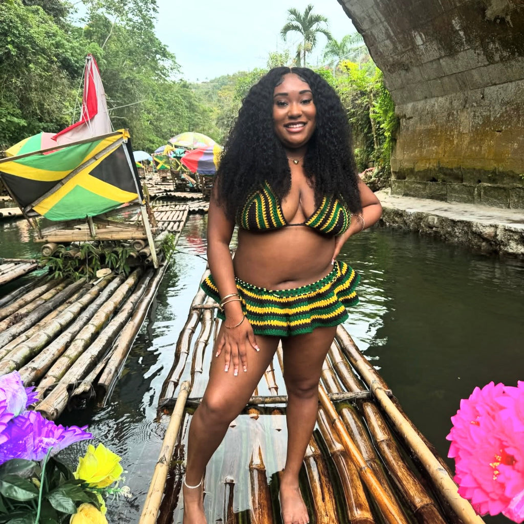 Stitched by Spice Handmade Jamaica Crochet Bikini 4-Piece Set with Micro Mini Skirt and Bucket Hat — detail close-up