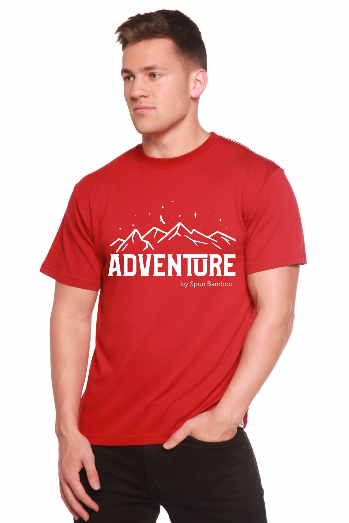 Spun Bamboo Adventure Printed Men's Bamboo Viscose/Organic Cotton Short Sleeve T-Shirt — flat-lay composition