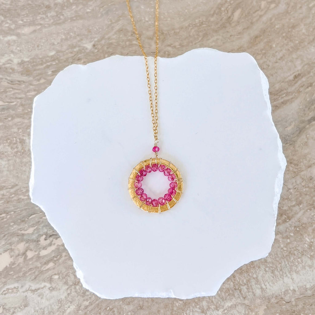 PARKEN JEWELRY Rose Quartz, Pink Tourmaline and Ruby Quartz Halo Mini Gold Pendants — side view