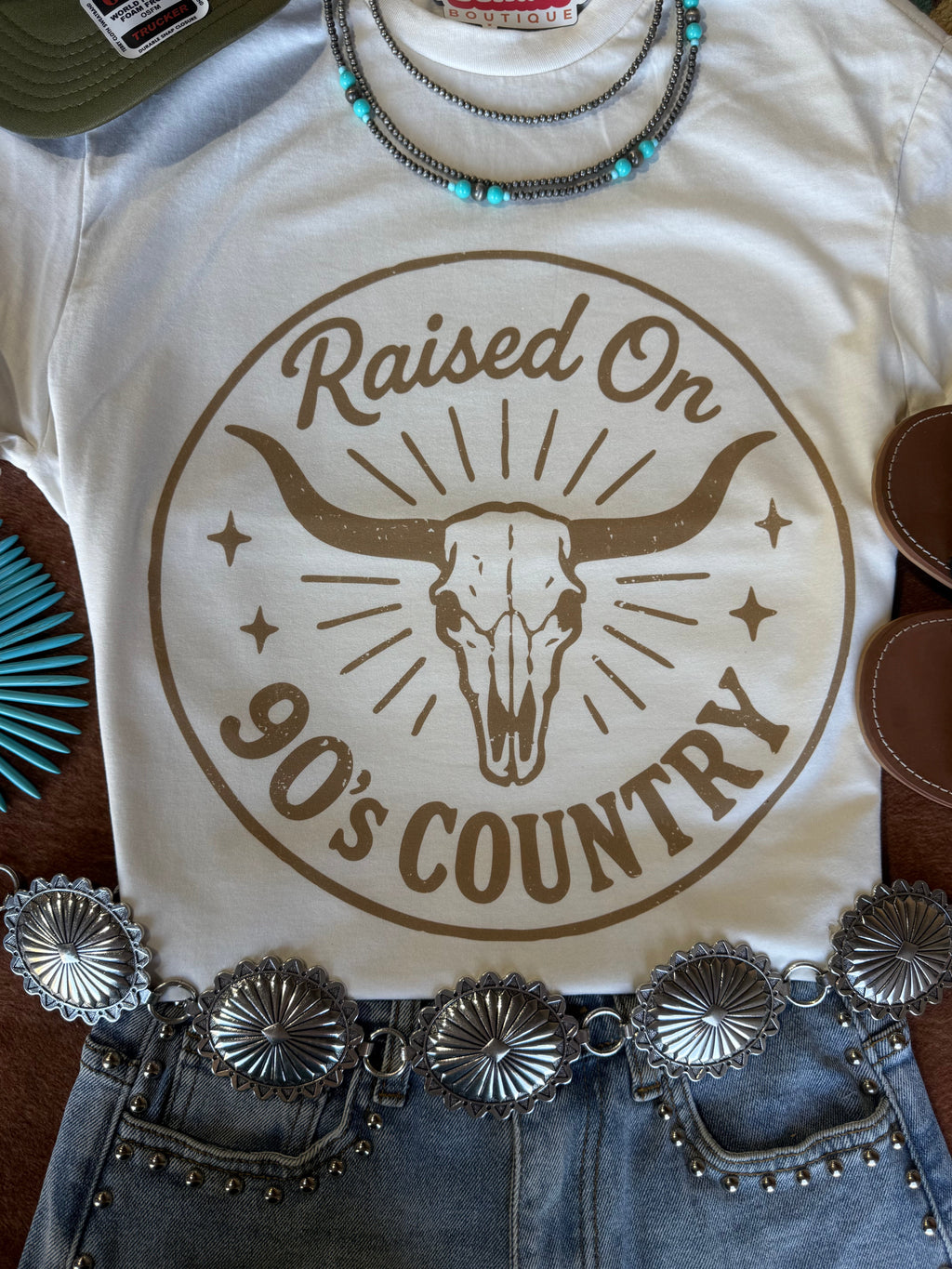 Wild Junkie Raised On 90's Country Steer Skull Graphic Tee — Wild Junkie branding close-up