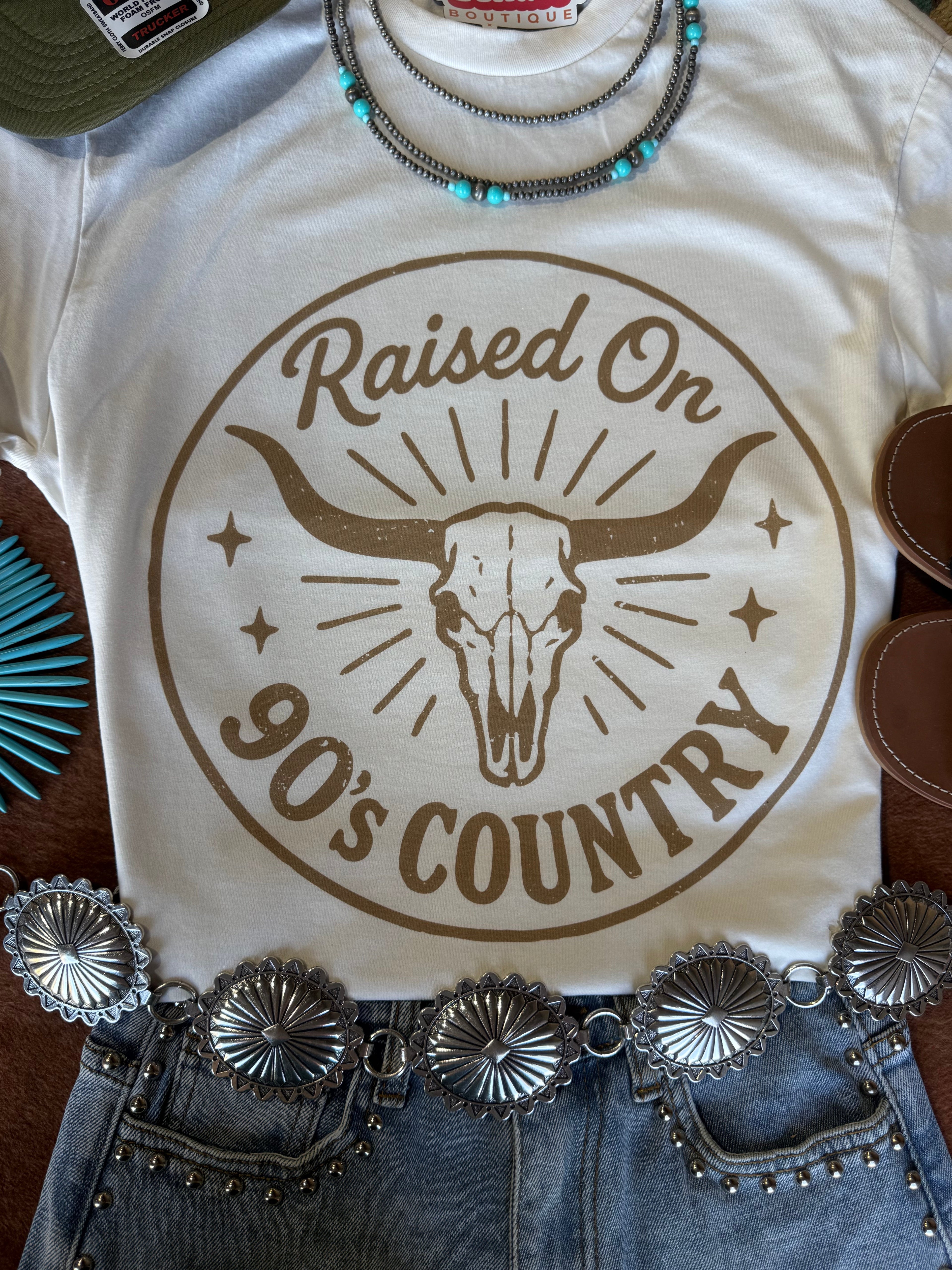 Wild Junkie Raised On 90's Country Steer Skull Graphic Tee — Wild Junkie branding close-up