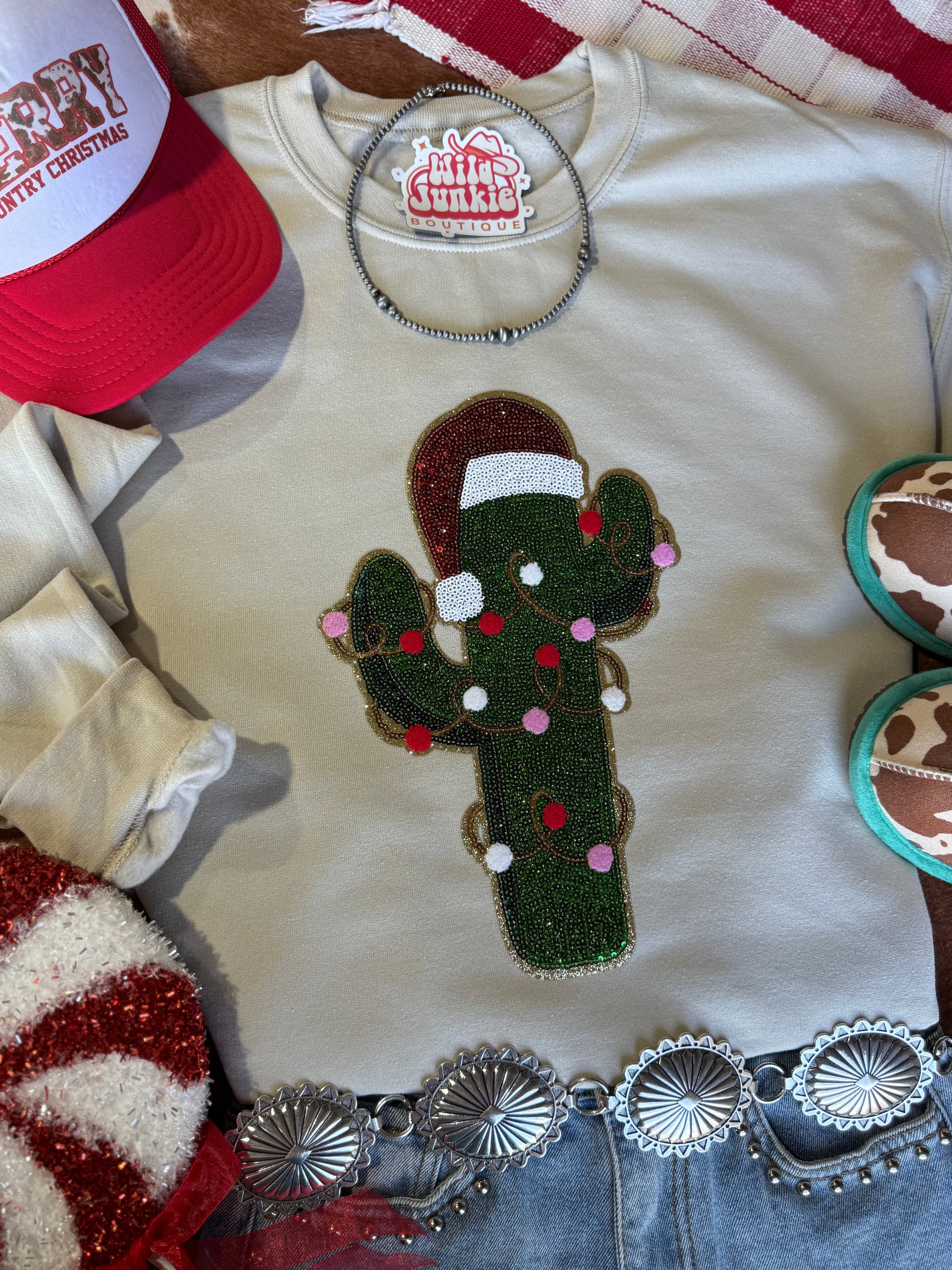 Wild Junkie Christmas Cactus Sequins Patch Sweatshirt — construction detail