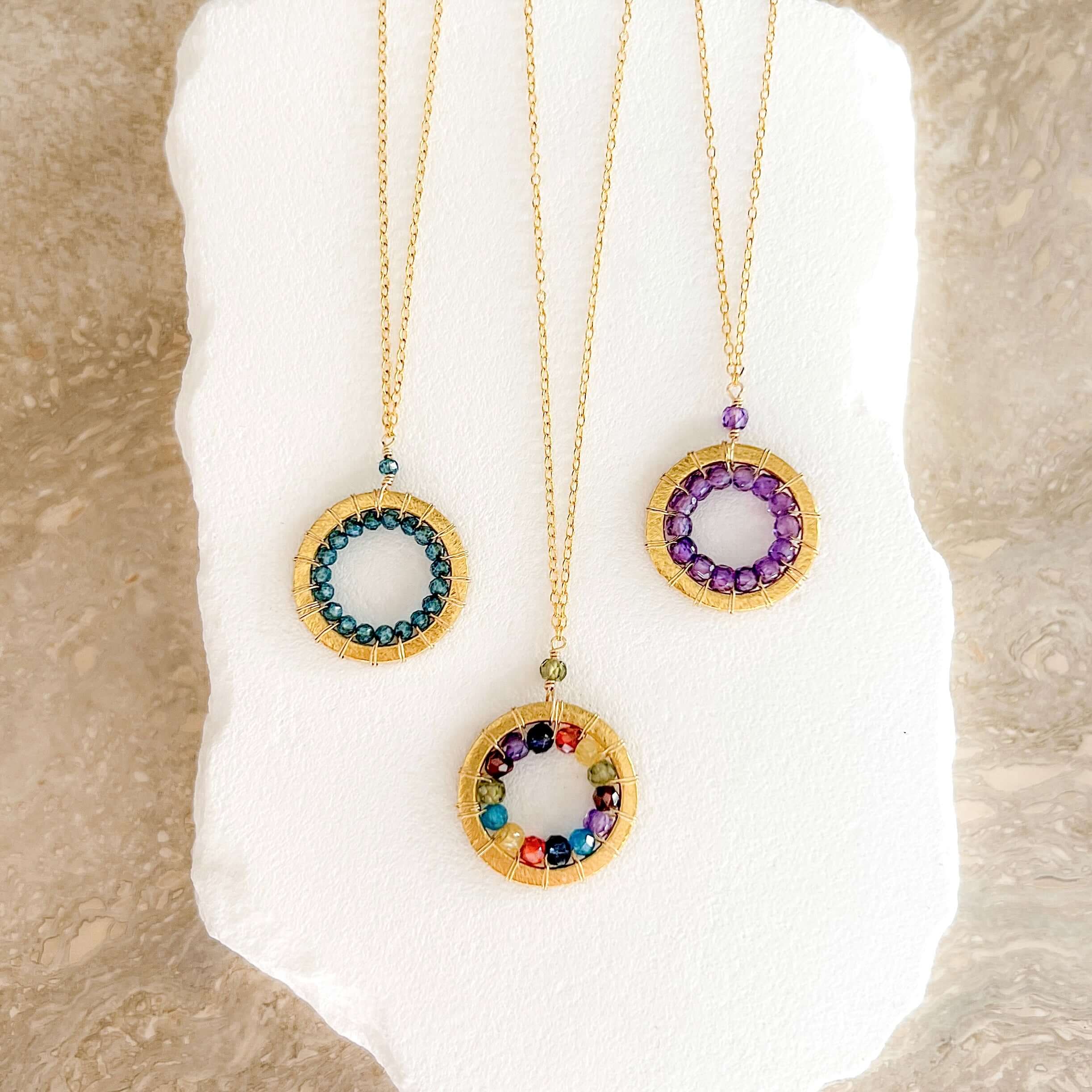 PARKEN JEWELRY London Blue Quartz, Rainbow Gemstone and Amethyst Halo Mini Gold Pendants — detail shot 6