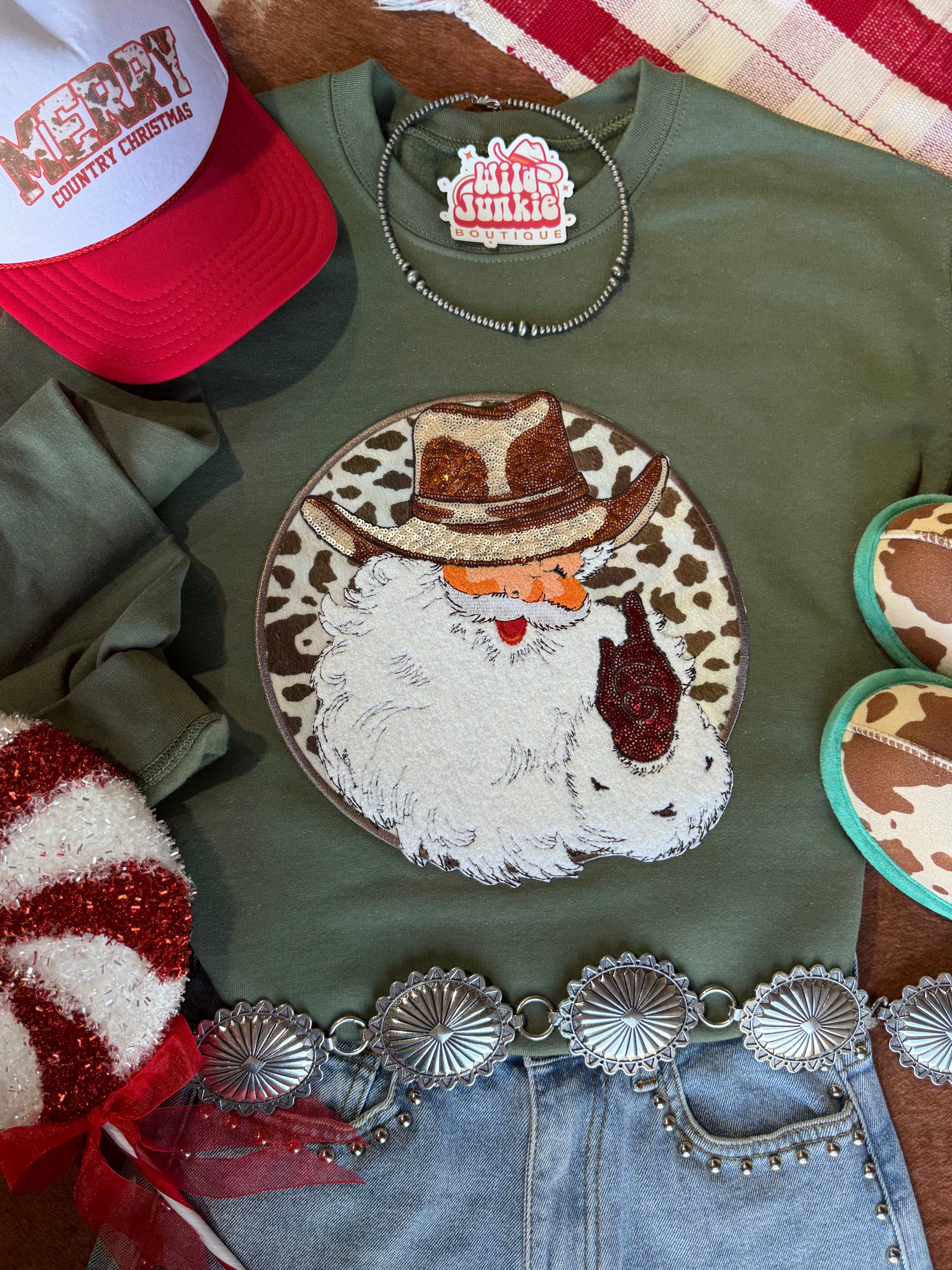 Wild Junkie Western Santa Sequin Patch Sweatshirt — construction detail